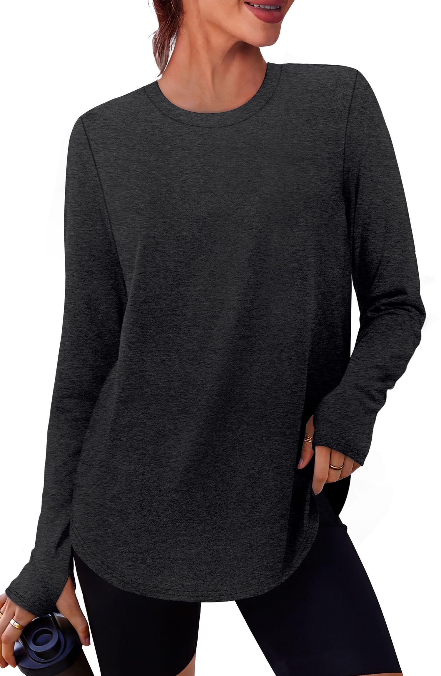 NIASHOT Workout Tops for Women Crewneck Long Sleeve Shirts with Thumb Holes UPF 50+ Sun Shirts for Hiking Running Gym Clothes — view 10