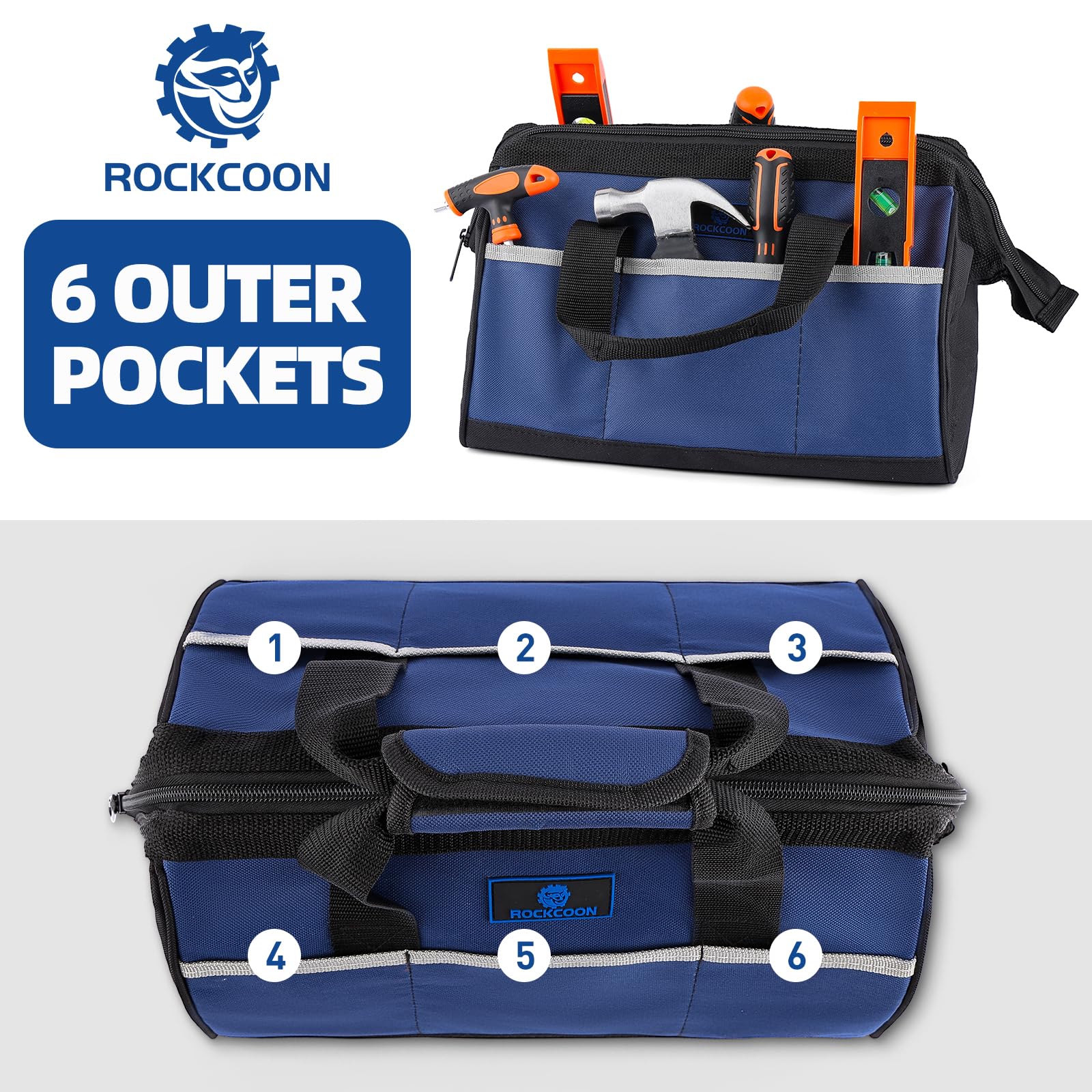 Bolsa de herramientas de 14 pulgadas, organizador de herramientas de boca ancha para almacenamiento de herramientas, resistente y resistente al agua, azul y negro