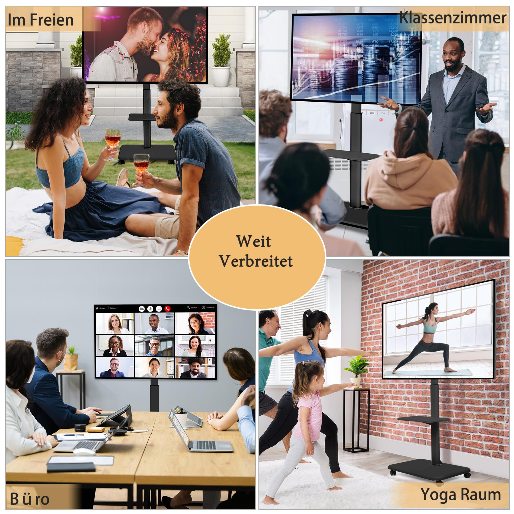 Rollender TV-Ständer für 32-70 Zoll, Flache, Gebogene LED-Bildschirme, LCD-OLED-Bildschirme, bis zu 50kg, höhenverstellbar, mobiler TV-Wagen mit abschließbaren Rädern