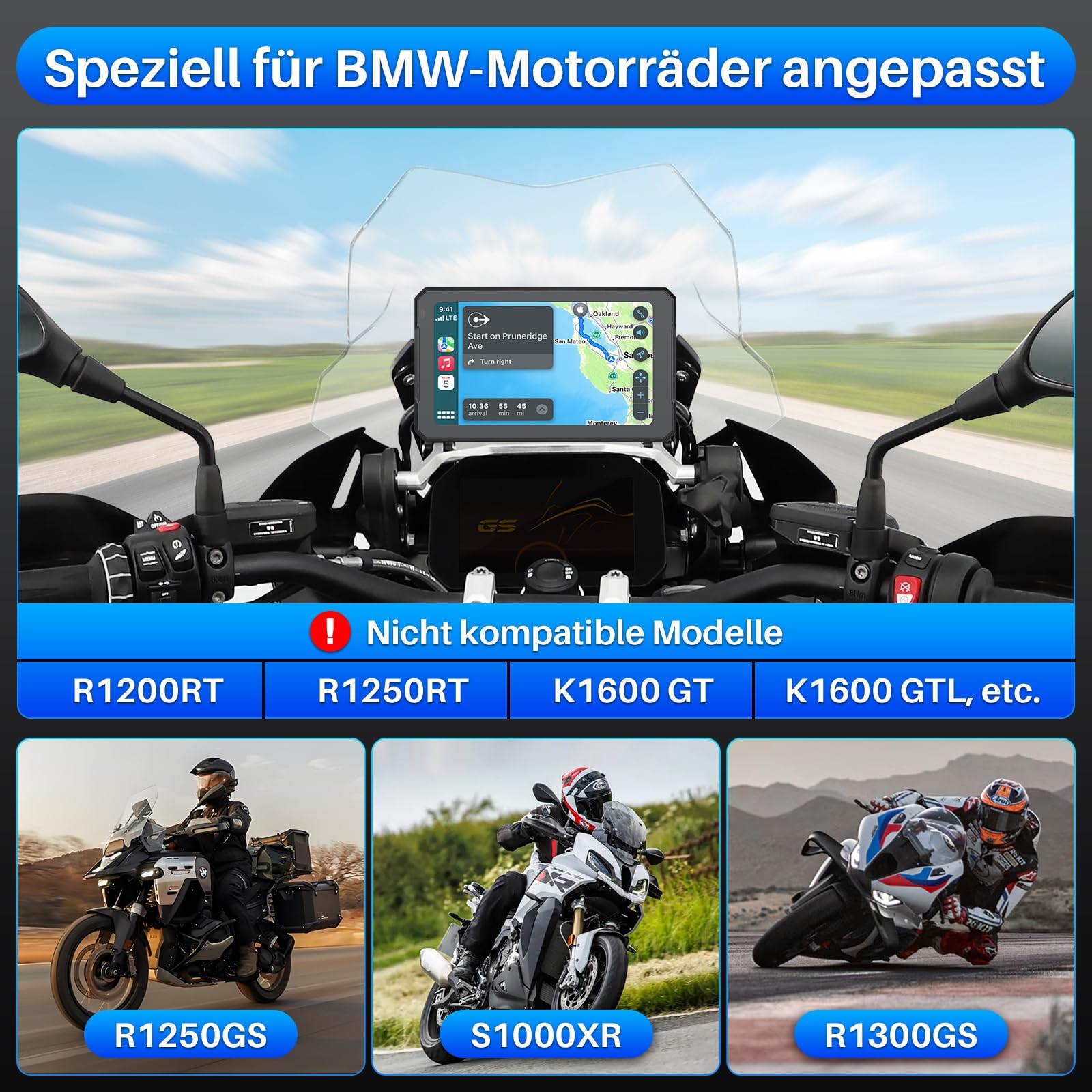 Motorrad Carplay für BMW Motorrad 7 Zoll Bildschirm Wireless CarPlay & Android Auto, GPS Navigation, Bluetooth, Wasserdichter Touchscreen Motorradnavigationsgerät, Kompass, Siri/Google_Assistant