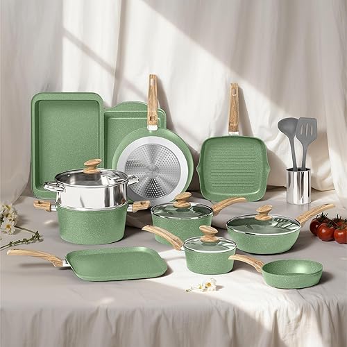 Miniatura 8 de DishDelight Juego de ollas y sartenes antiadherentes, 17 piezas de utensilios de cocina de granito con revestimiento de granito antiadherente, juego