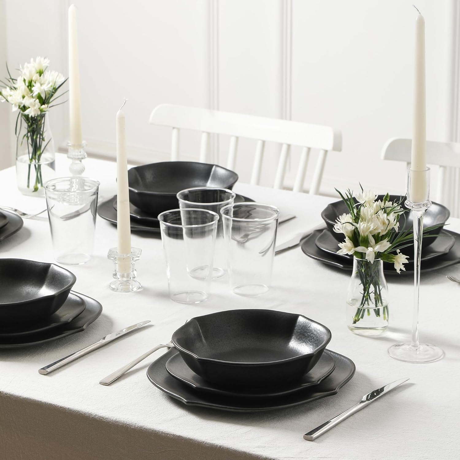 Stone Lain Baskerville 16-Piece Dinnerware Set Stoneware, Borosilicate Glass, Black