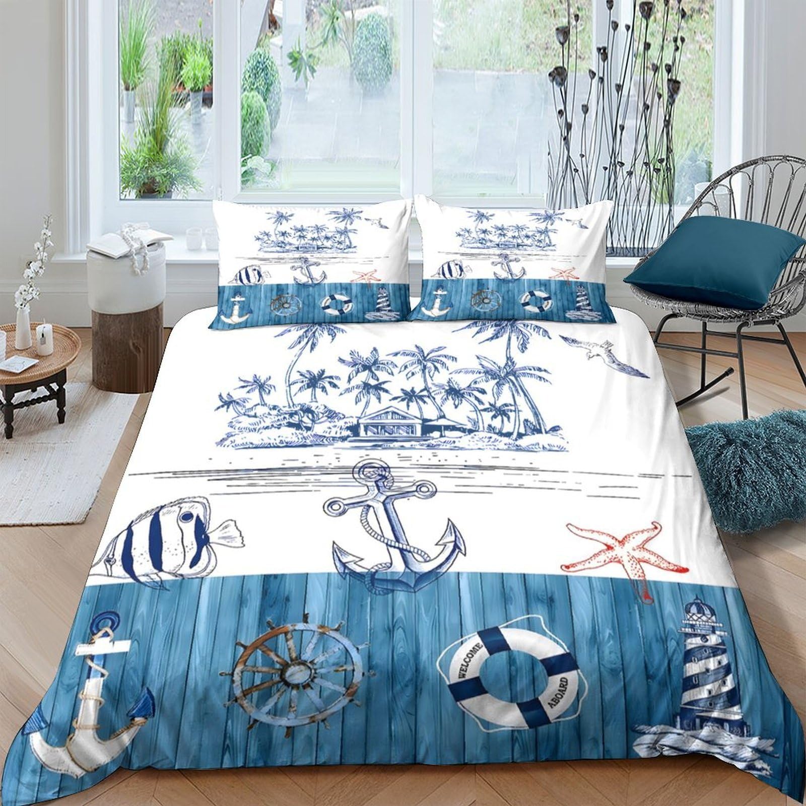 Ctjqhvkz Style-6 3D Printed Nautical Anchor Fitted Sheet Microfiber Soft Blue White Marine Life Bed Cover For Bedroom Dorm Mattress Protection Decor Single（135X200cm）