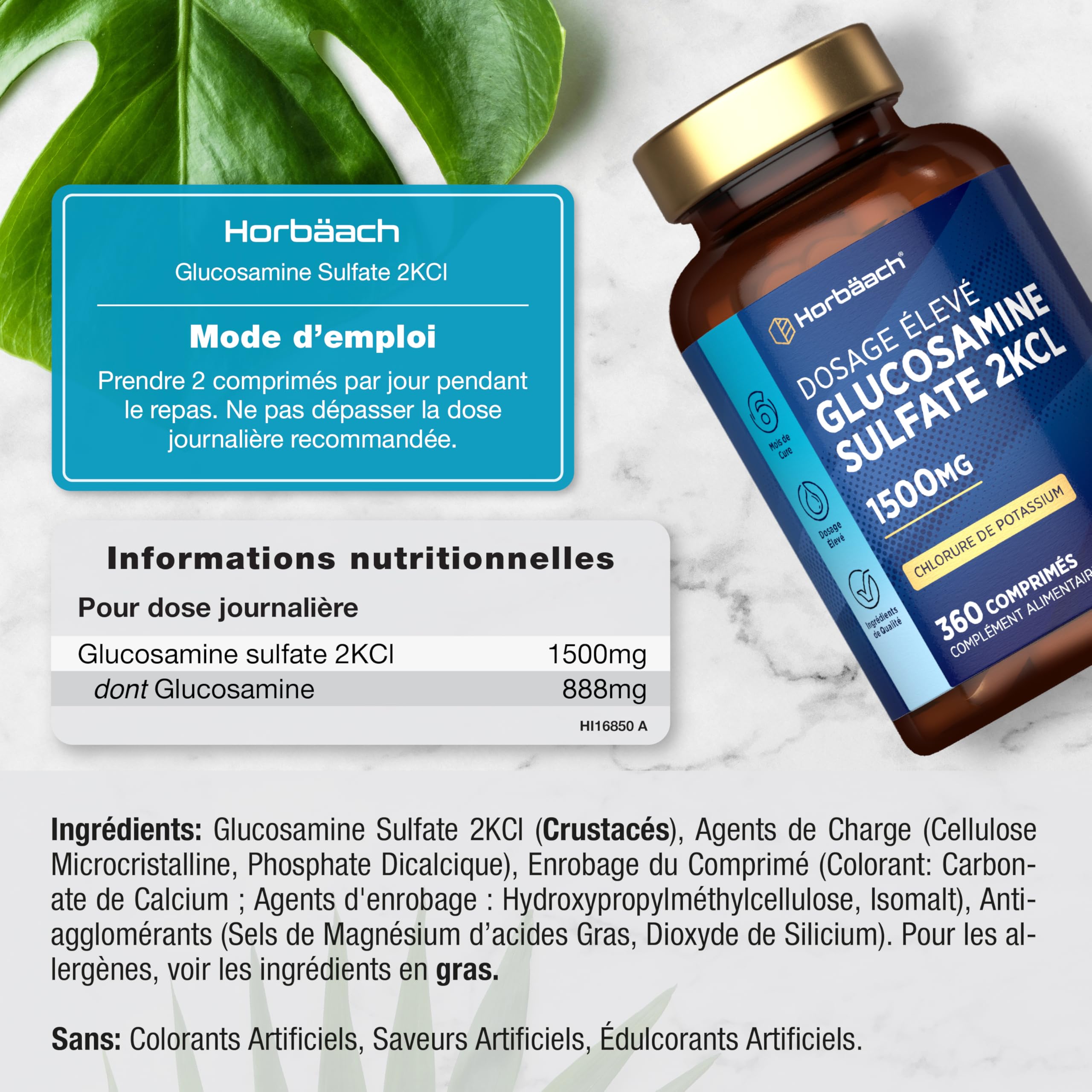 Glucosamine Sulfate 1500mg 2KCl | 360 Comprimés | Complément Alimentaire à Haute Dose | Glucosamine Sulphate Supplement | by Horbaach