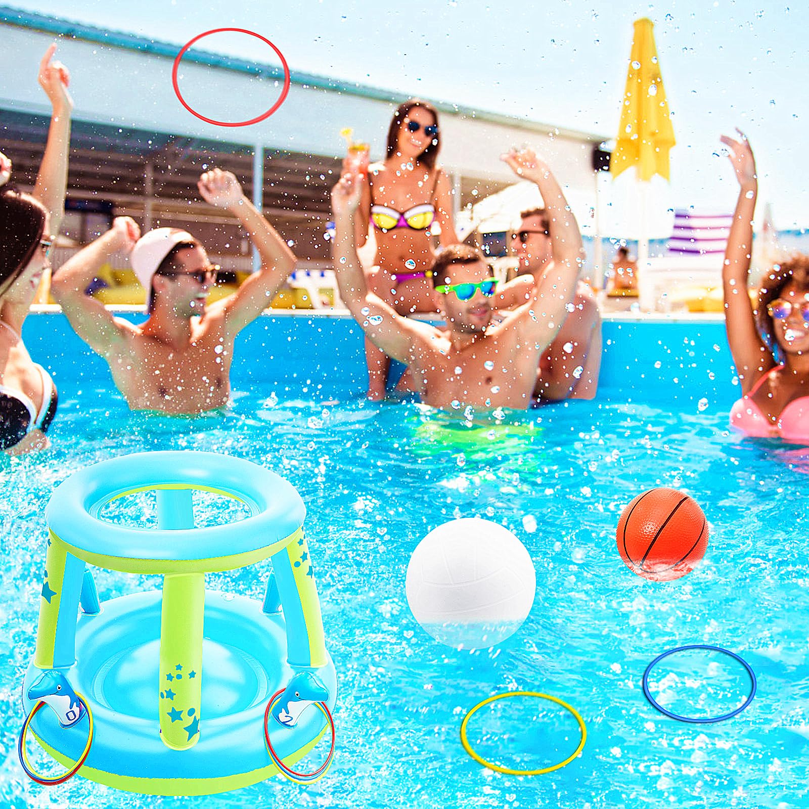 Jasonwell Ensemble de jeux de piscine - 3 en 1 : filet de volleyball, panier de basketball, jeu de bagues à suspendre, flotteurs gonflables, volleyball flottant, jeux d’eau pour piscine, fête, cadeau