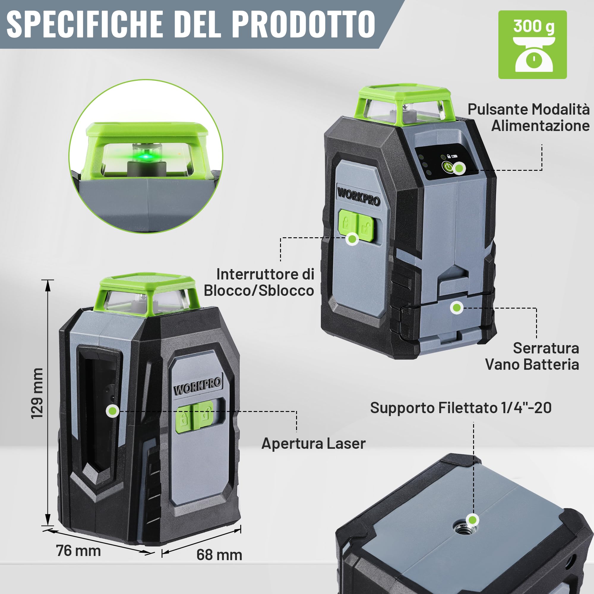WORKPRO livella laser autolivellante 360°Con treppiede, 30M livello laser con linee verdi orizzontali a 360° e vertical, Piastra obiettivo, occhiali verdi per la costruzione di piastrelle a soffitto