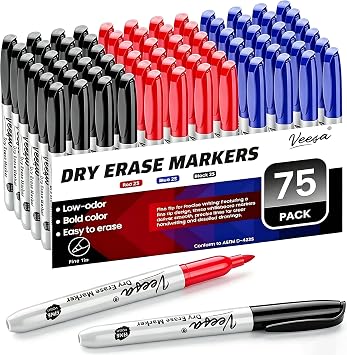 Dry Erase Markers Fine Tip, 3 Assorted Colors Black Red Blue, 75 Count, Low-Odor Whiteboard Markers for Office Use, Back to School Supplies