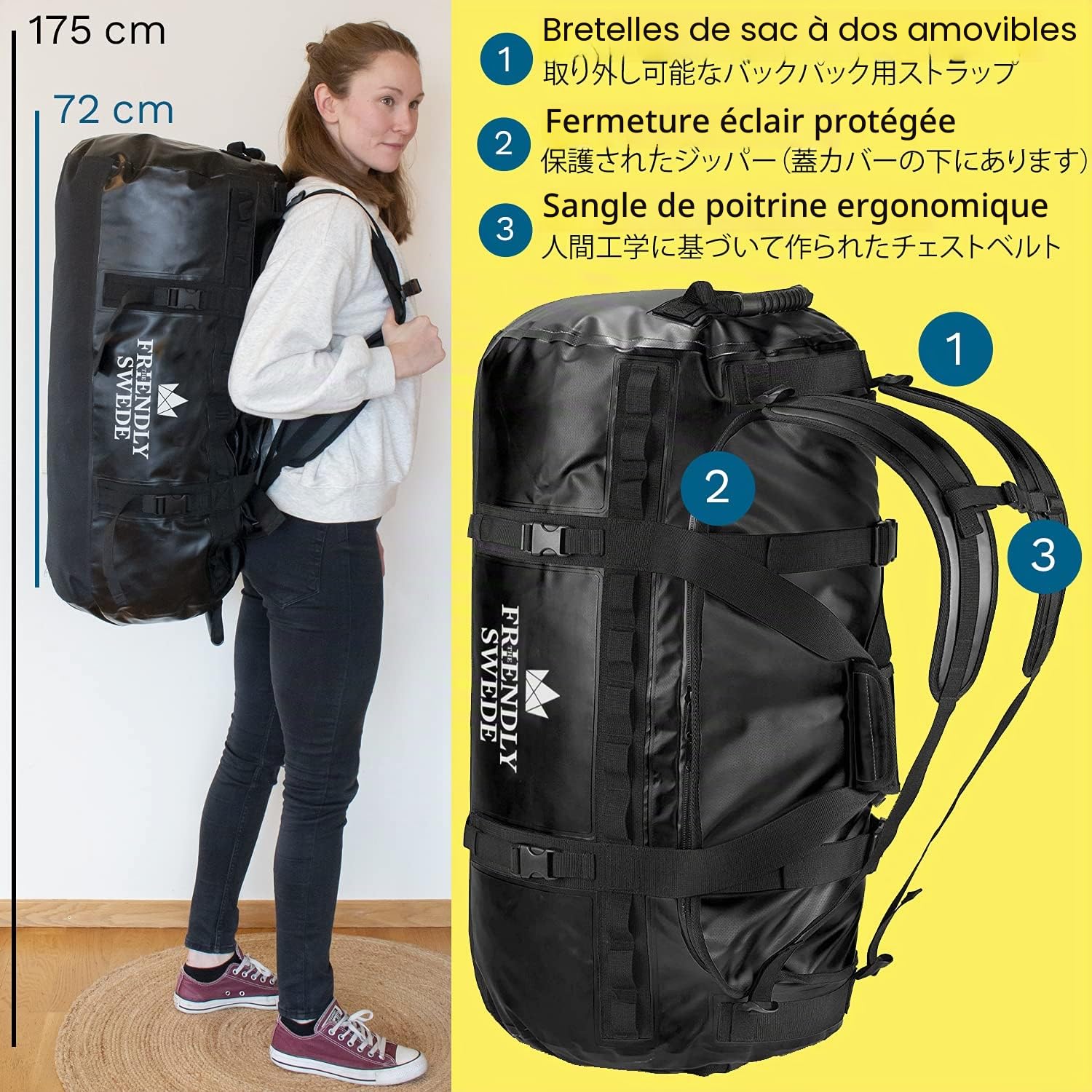 The Friendly Swede Sac de Sport Convertible en Sac à Dos pour Voyage et Sport (capacité : 30 L/60 L/90 L)