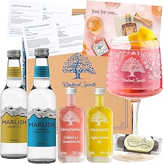 Premium Craft Gin Gift Set & Hamper for Women with Engraved Gin Glass and Presentation Box from Kindred Spirits - Great Birthday Gin Gift with Chocolate Treats (Gin Glass & Miniatures Choc Box)