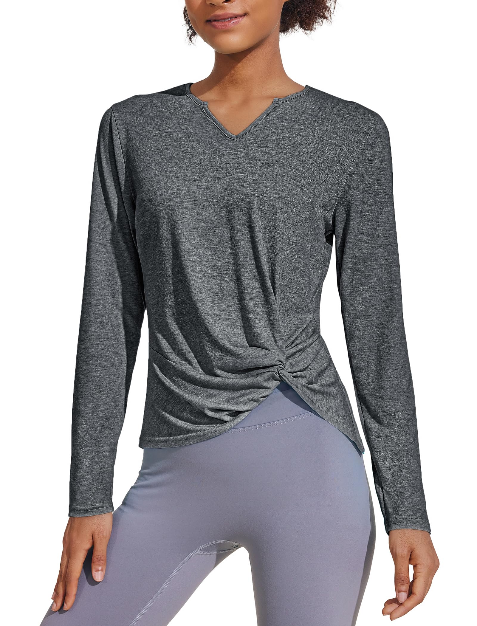 PINSPARK Womens Long Sleeve Shirts Workout Tops V Neck Twist Front Hiking Yoga Running Casual T-Shirt