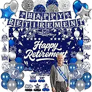 Retirement Party Decorations, Blue Silver Happy Retirement Decorations for Women Men Happy Banner & Backdrop Hanging Swirls Foil Balloon Retire Sash Paper PomPoms and Honeycomb Centerpieces