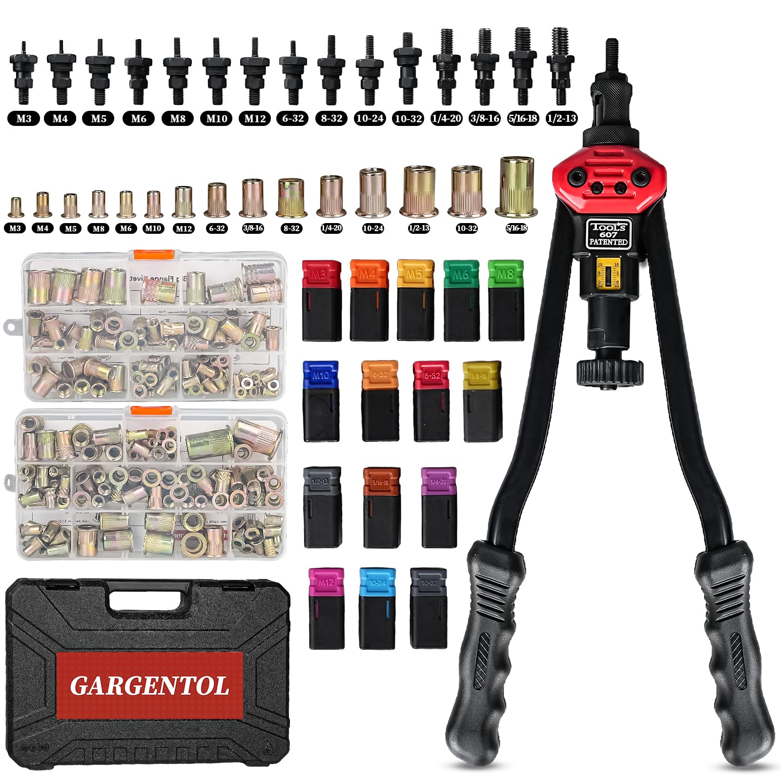 GARGENTOL Rivet Nut Tool Kit, 16-Inch Rivnut Tool with 15 Metric & SAE Mandrels and Rivet Nut Gun, 200pcs Rivnut Tool Kit Assortment, Nutsert Tool Kit with Carrying Case