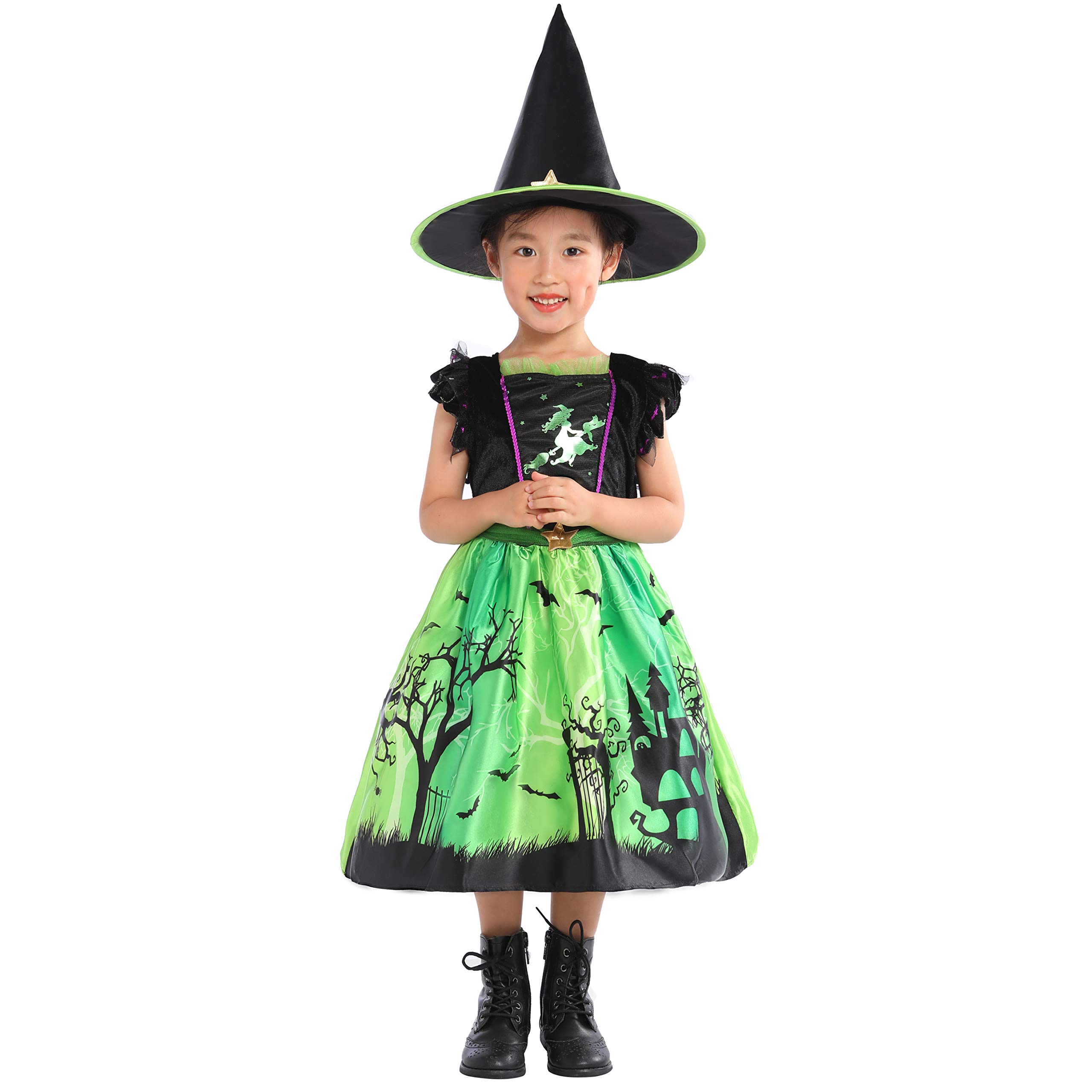 Sincere Party Ragazze Halloween Strega Costume, Deluxe Adorabile Neon Colorato Strega Travestimento con Cappello