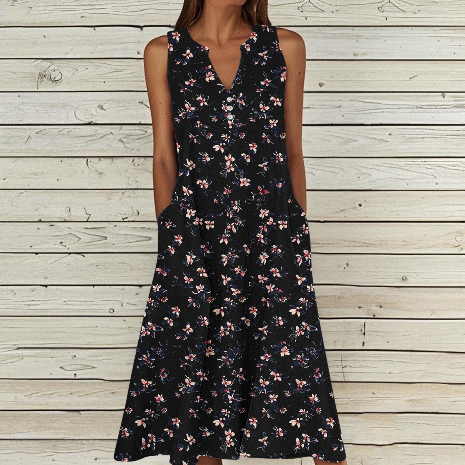 Summer Floral Print Midi Dresses for Women Boho Sleeveless V Neck Tank Dress Beach Vacation Sundress with Pockets — view 2