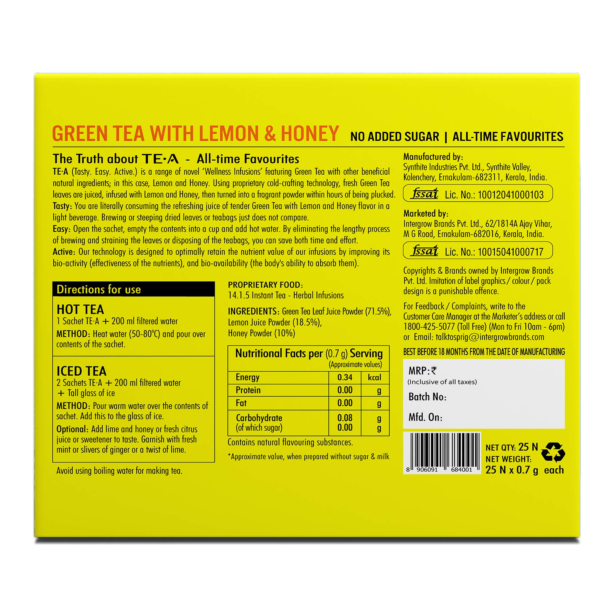 SPRIG TE.A Green Tea with Lemon & Honey Fully Soluble Green Tea For