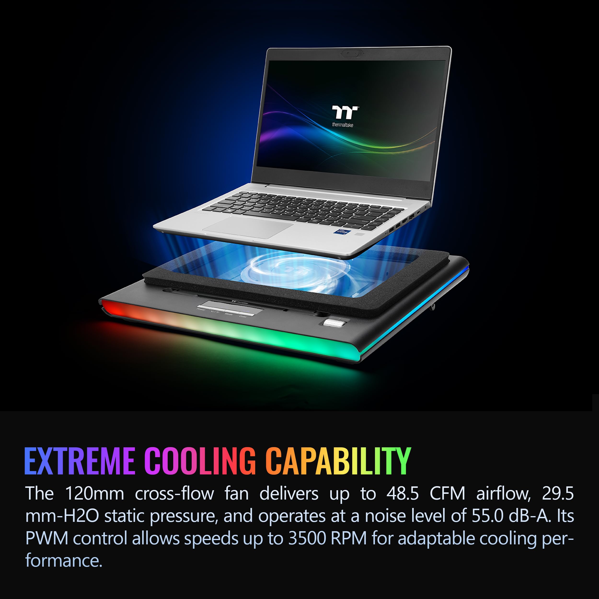 Thermaltake Enfriador Massive Extreme para portátil; portátil de hasta 18 Pulgadas; 800~3500 RPM; 48.5 CFM; Ventilador de Flujo Cruzado de 120 mm; Sensor de Temperatura Ambiental; Rueda de