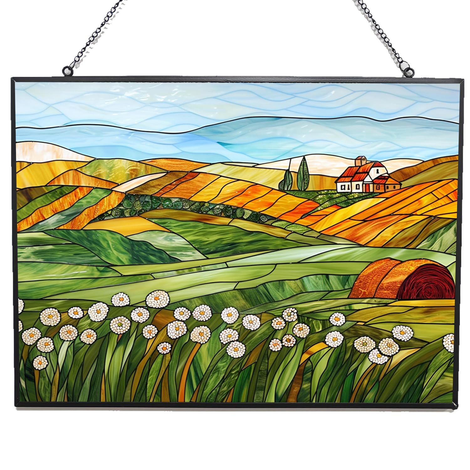 365CUSGIFTS Customized Rectangle Vintage Wheat Field Stained Glass Window Hanging Suncatcher Stained Glass Home Decor Garden Halloween Christmas Party Wedding Housewarming Gifts