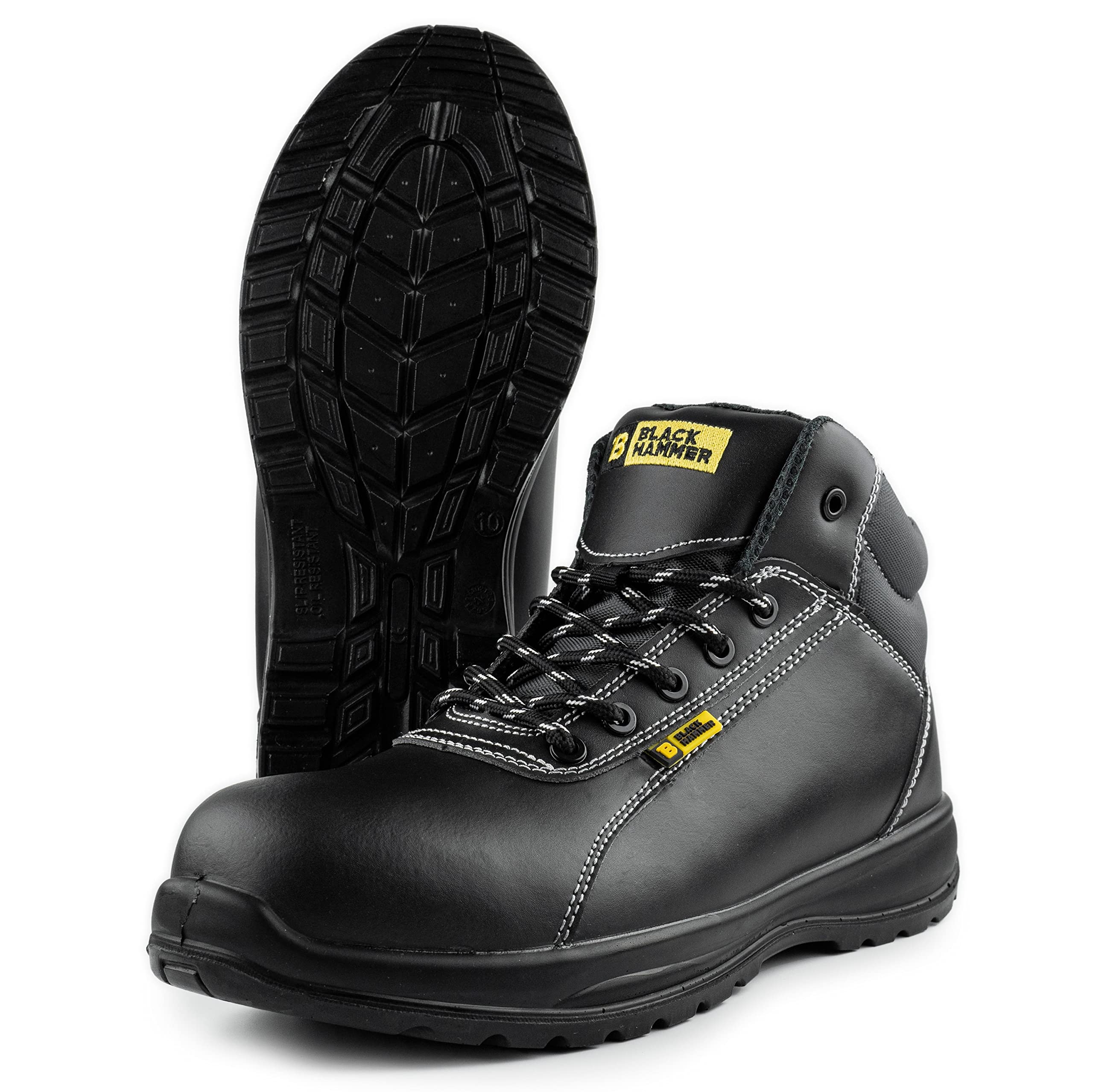 Męskie Skórzane Buty Ochronne S3 SRC Kompozytowe Noski Kevlarowe Niemetalowe Bez Metalu Lekkie Buty Robocze Za Kostkę Do Wspinaczki Black Hammer 1500 Czarne
