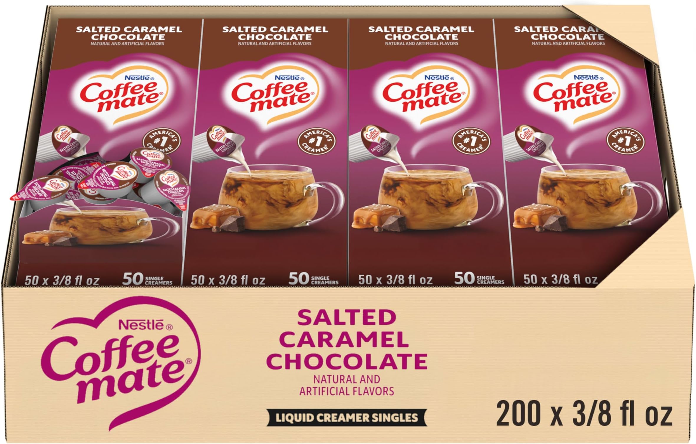 COFFEE-MATE Creamer, Salted Caramel Chocolate, liquid creamer singles, 50 Count (Pack of 4)