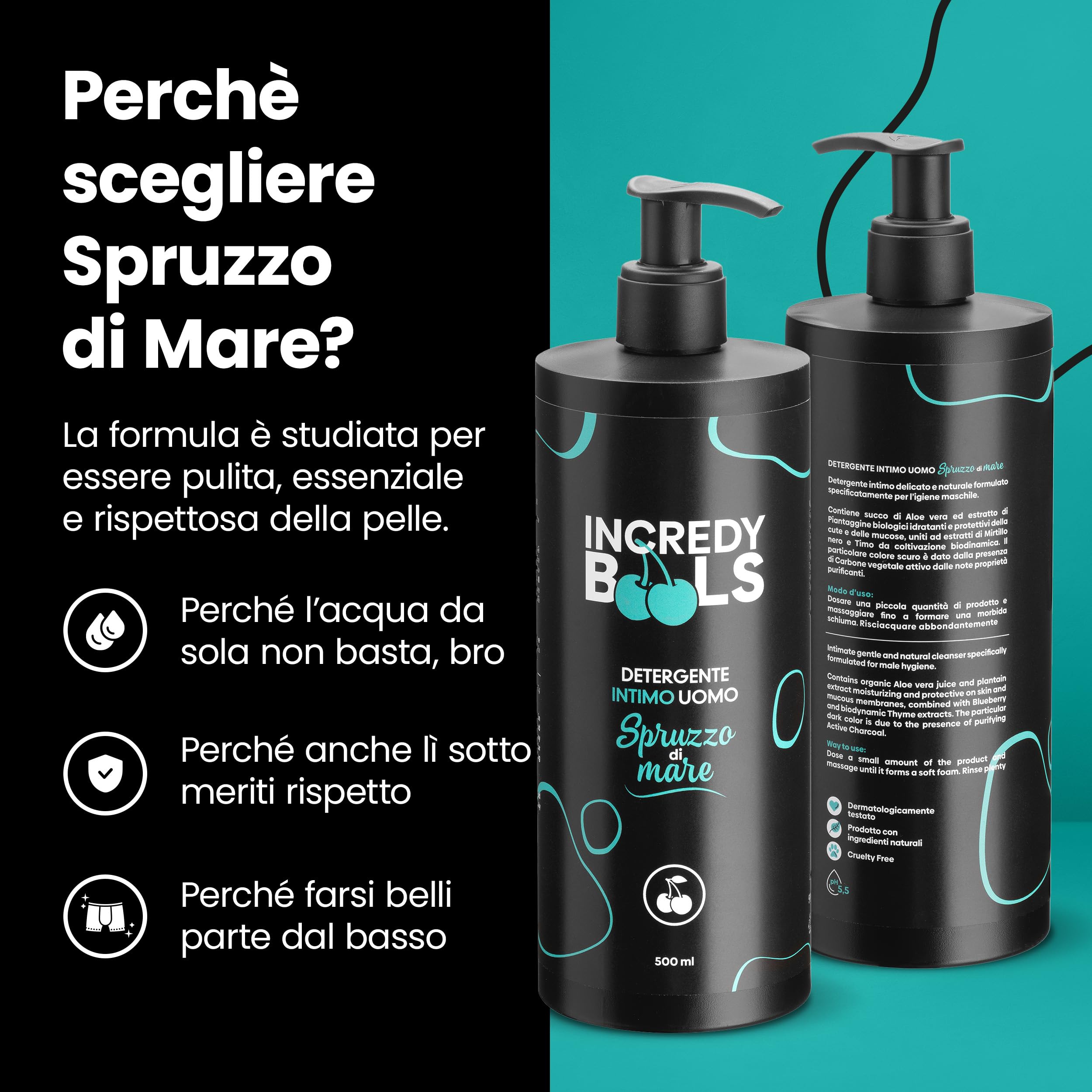 Incredy BooLS - Limpiador íntimo para hombre Bio & Vegan Ph 5,5 perfumado - 500 ml (pulverización de mar)