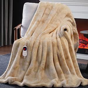 Guohaoi Heated Blanket Electric Throw, Faux Rabbit Fur, 50"×60", Beige