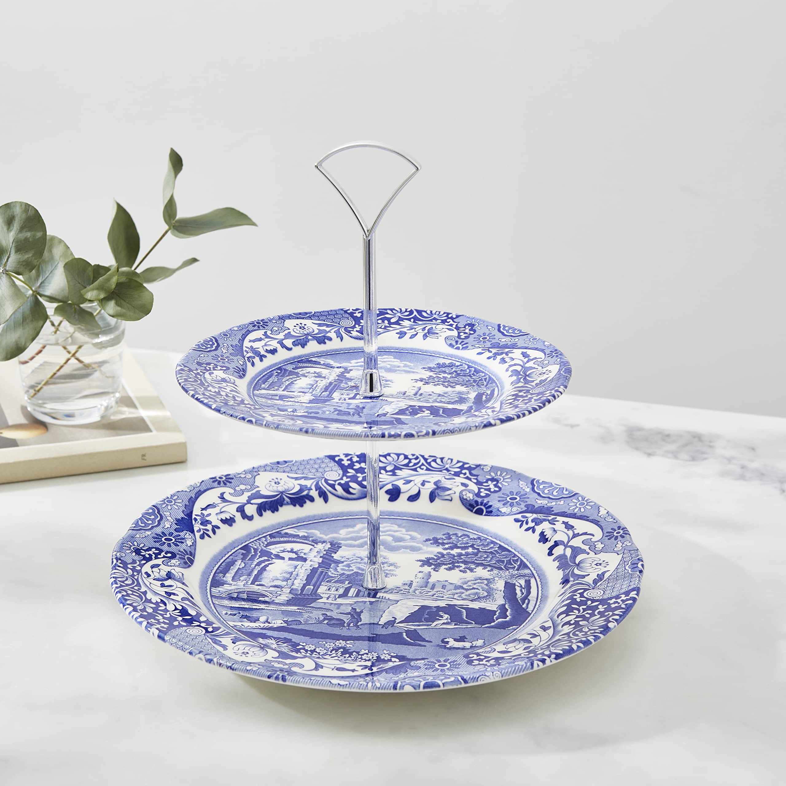 Portmeirion Home & Gifts Niebieski włoski 2-poziomowy stojak na ciasto, niebieski i biały
