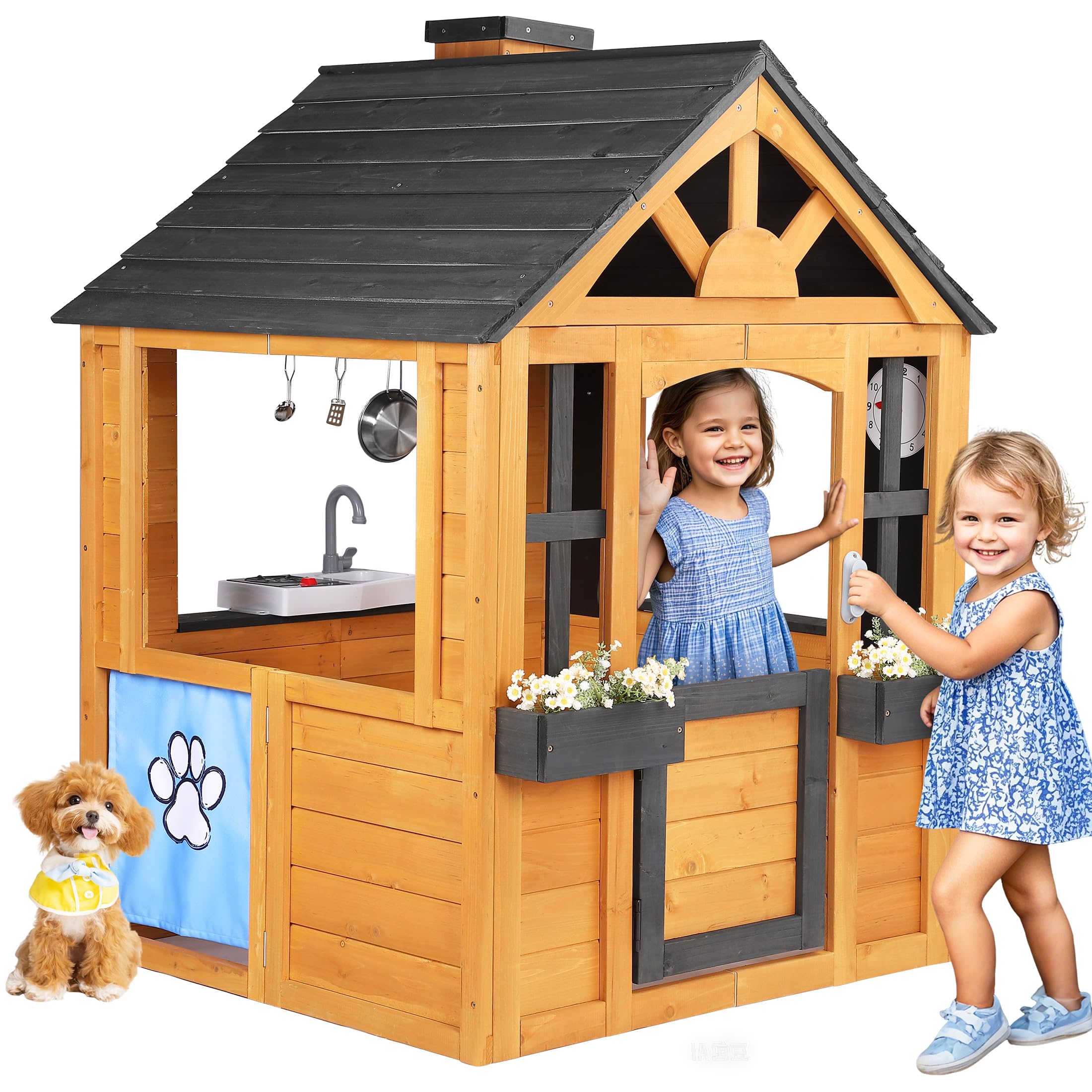 Jocoevol Kids Outdoor Playhouse, Cedar Wooden Kids Playhouse with Play Kitchen, Pet Door, Sink, Stove, Cookware, Windows, Flowerpot Holders, Ringing doorbell, Cottage Play House for Backyard