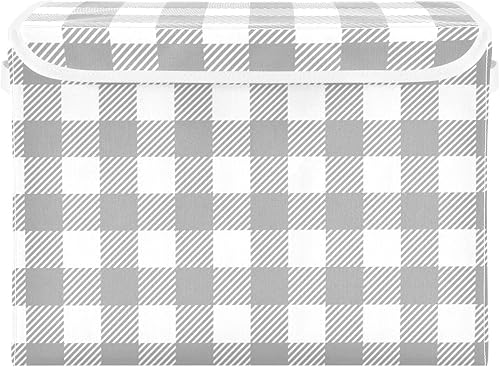 Miniatura 2 de Contenedores de almacenamiento a cuadros de búfalo gris con tapas, cesta de almacenamiento plegable con tapa, organizador de armario, contenedores