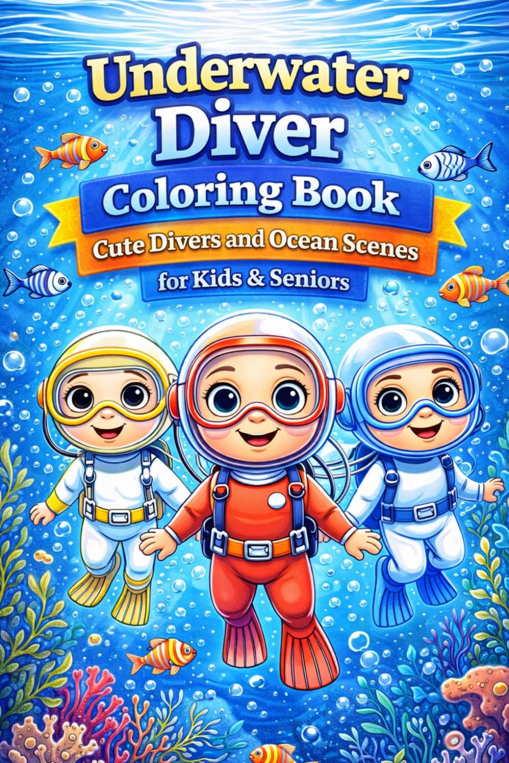 Underwater Diver Coloring Book – Cute Divers and Ocean Scenes for Kids & Seniors | Relaxation, Focus and Creativity: 82 relaxing underwater designs ... printing to prevent bleed-through