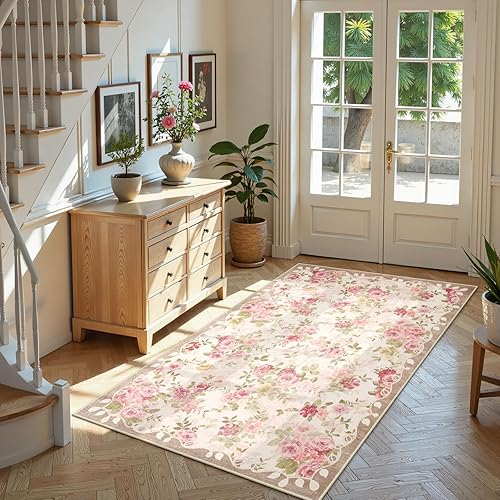 Miniatura 2 de Lahome Alfombra floral lavable de 3 x 5 pies, alfombras pequeñas para dormitorio, suaves, antideslizantes, alfombras de entrada para interiores,
