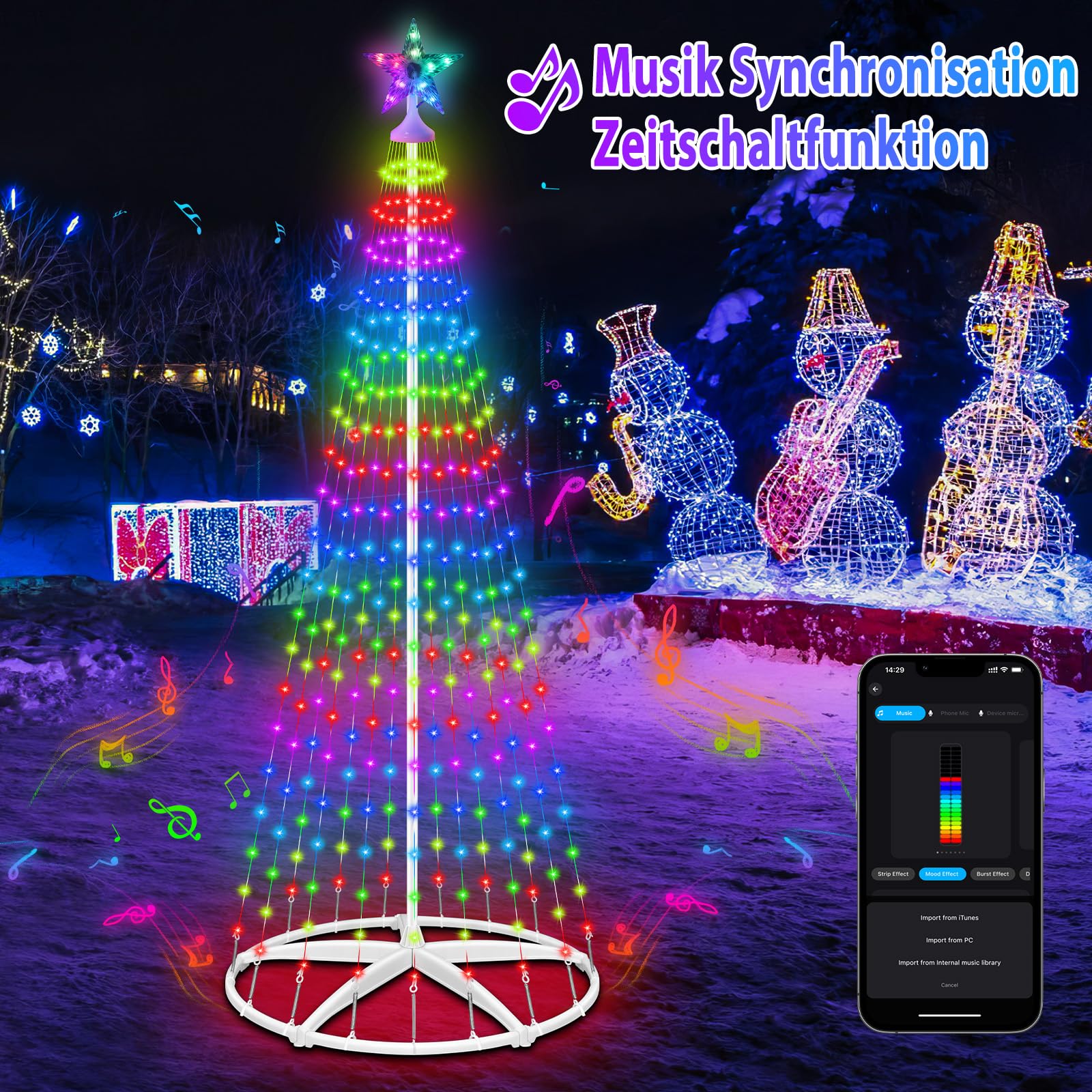 Lichtgevende kerstboom met 310 leds, RGB met timer, helderheid, muziekmodus, afstandsbediening/doe het zelf app, lichtketting voor tuin, balkon, kerstdecoratie