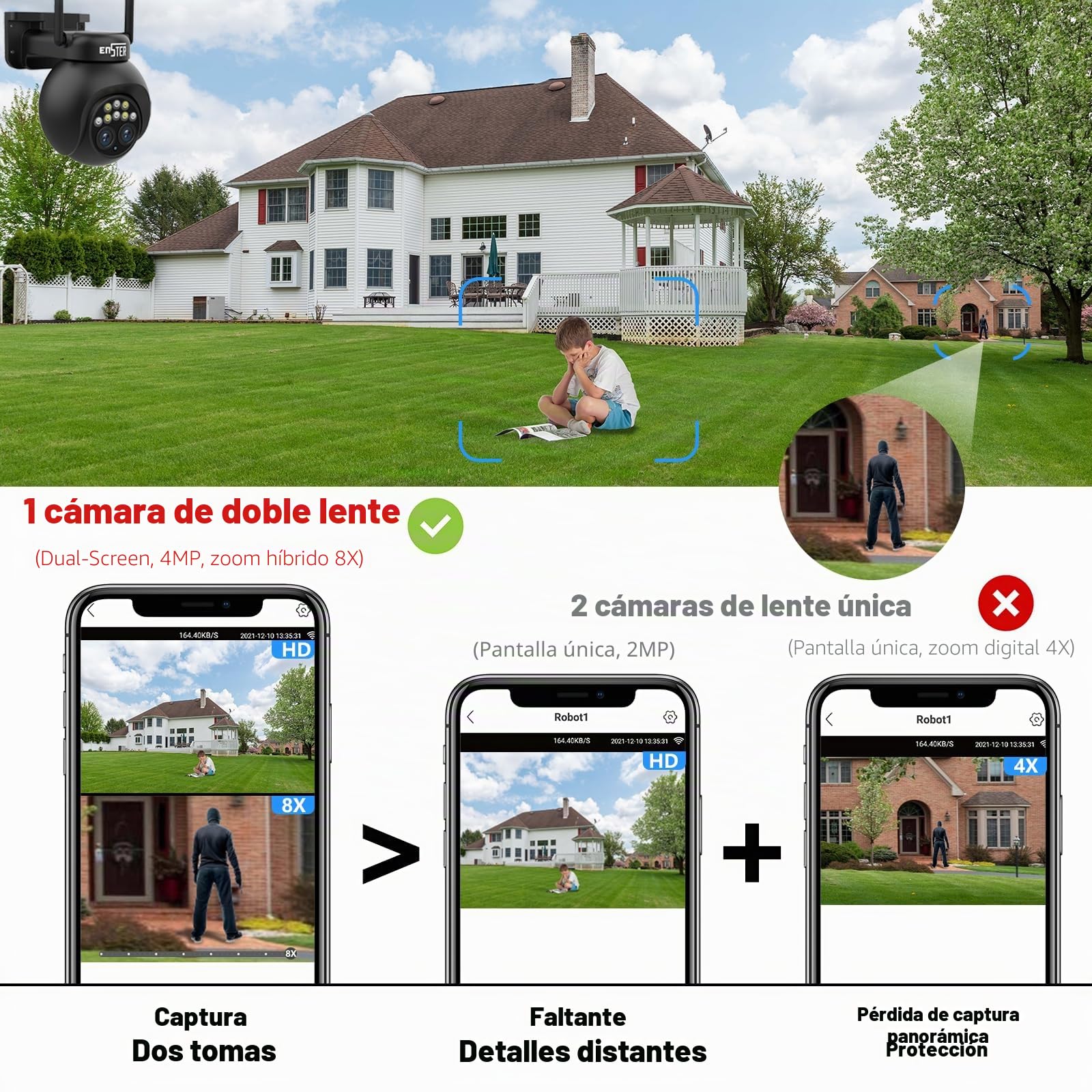 ENSTER 360° PTZ Camara Vigilancia WiFi Exterior con Doble Lente,Zoom Híbrido 8X,2K 4MP IP Cámara,Seguimiento Automático,WiFi 2.4GHz,Detección Inteligente,Visión Nocturna En Color, Audio Bidireccional…