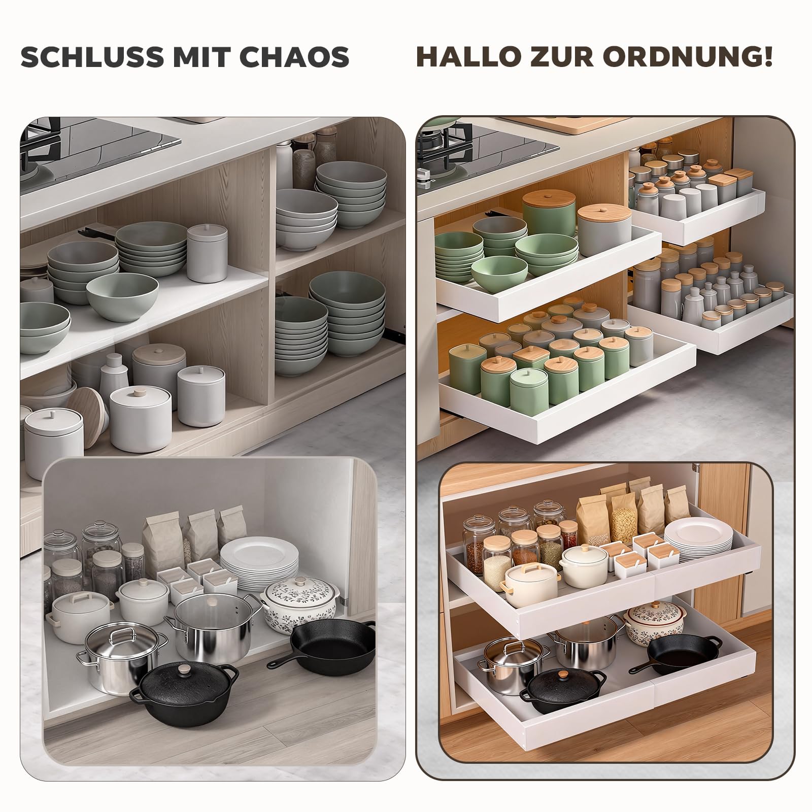 2 Stück Ausziehbarer Schrankorganisator Weiß – Verstellbare Breite 32-53 cm, 42 cm Tiefe – Erweiterbarer Schubladeneinsatz mit Klebefläche, Küchenorganizer ohne Bohren