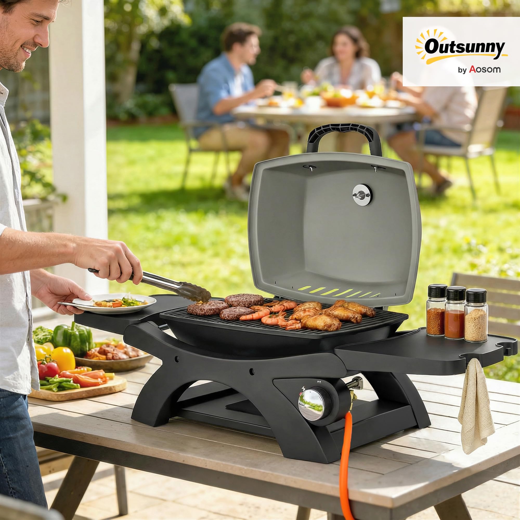 Outsunny Barbecue à gaz portable de 3,3 kW avec 1 brûleur, tables latérales pliables en fonte, grilles de cuisson en fonte, bac récupérateur de graisse, thermomètre, crochet, barbecue à gaz de table