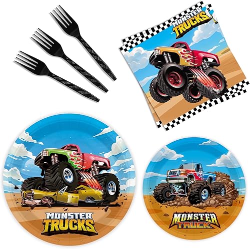 96 piezas de platos y servilletas Monster Truck decoraciones de cumpleaños Monster Truck suministros de fiesta Monster Truck recuerdos de fiesta de
