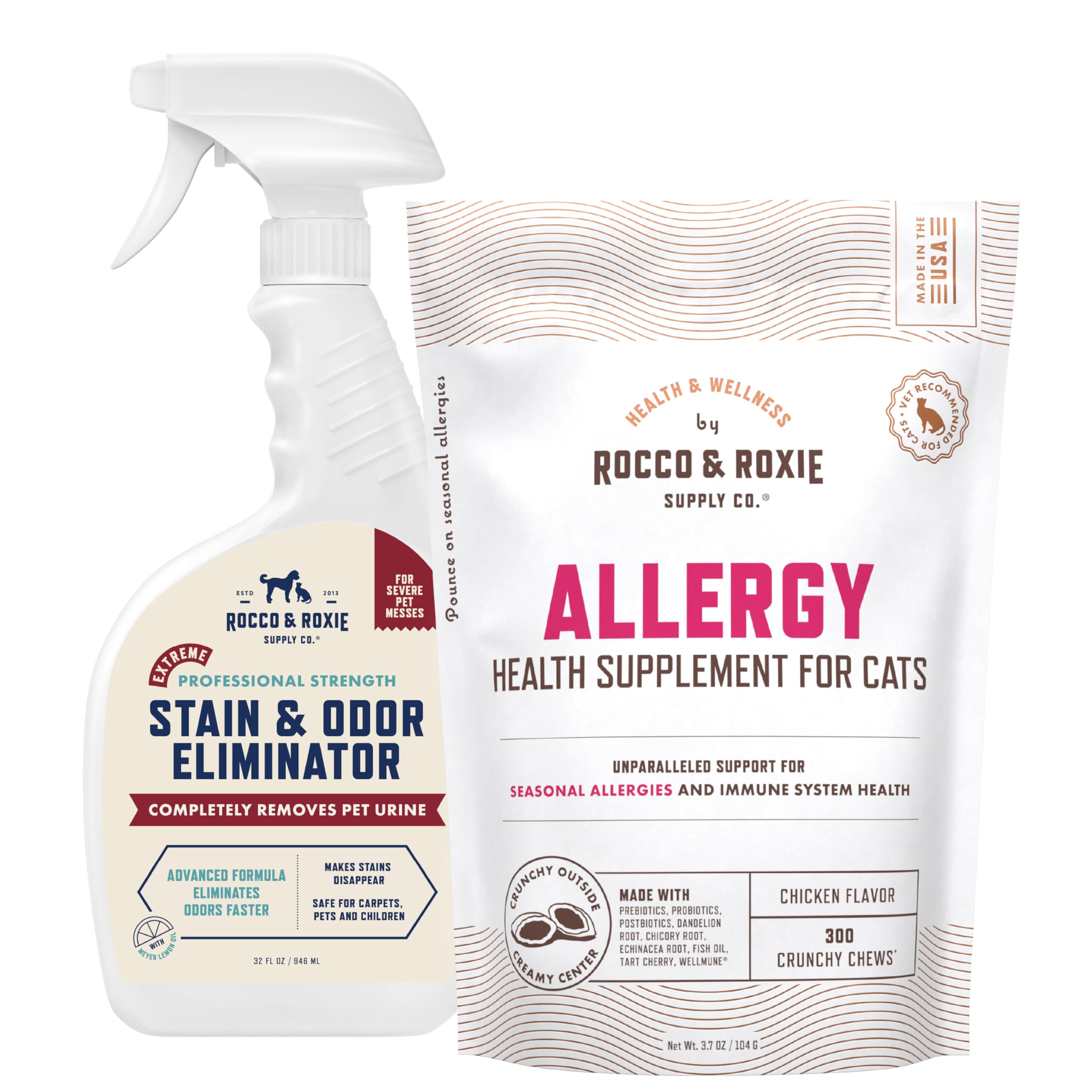 Rocco & Roxie Cat Allergy Supplements & Extreme Stain & Odor Eliminator Bundle