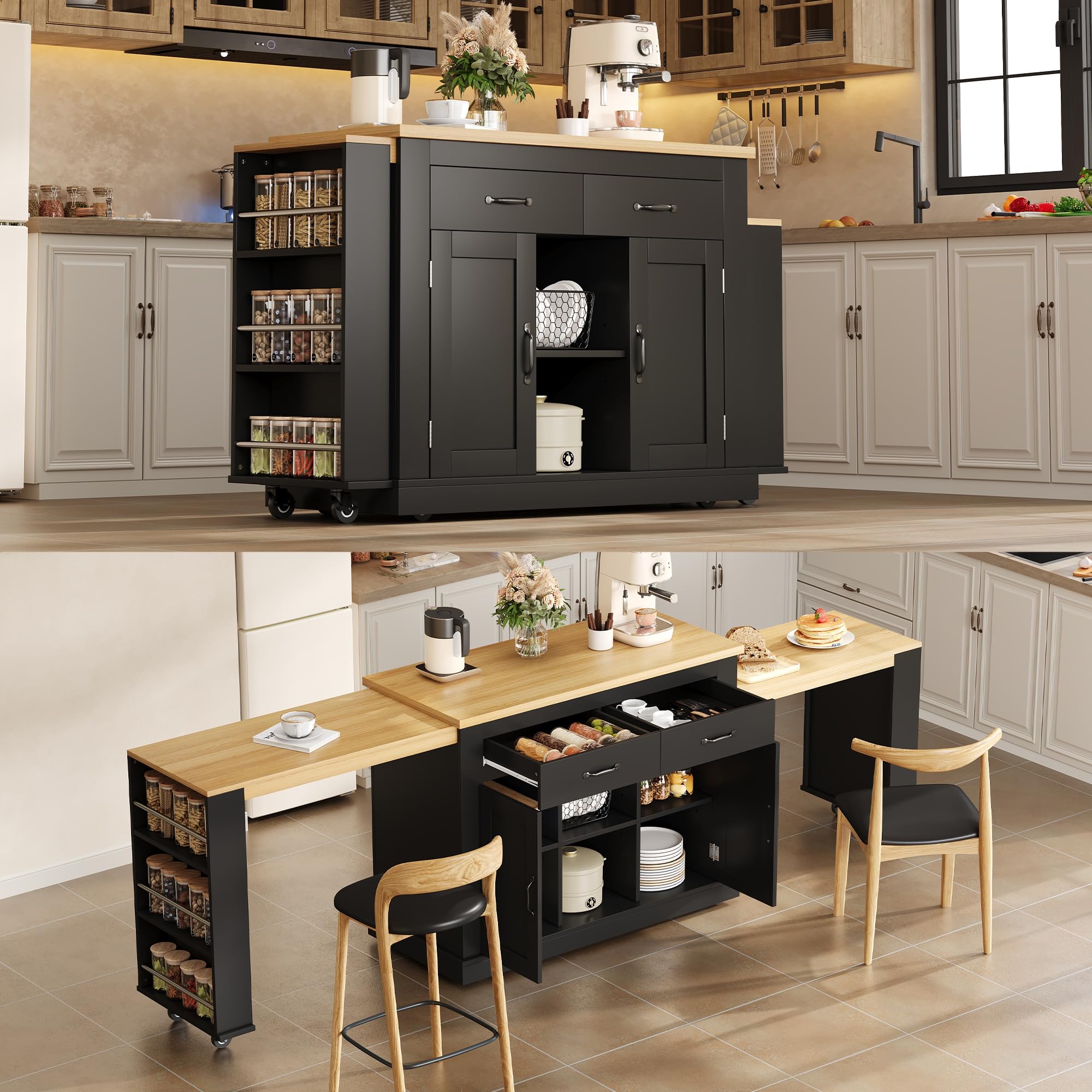 Isla de cocina móvil extensible negra 142-340 cm – Cocina independiente con encimera, enchufes y 2 mesas, mucho espacio de almacenamiento para familias grandes y loft