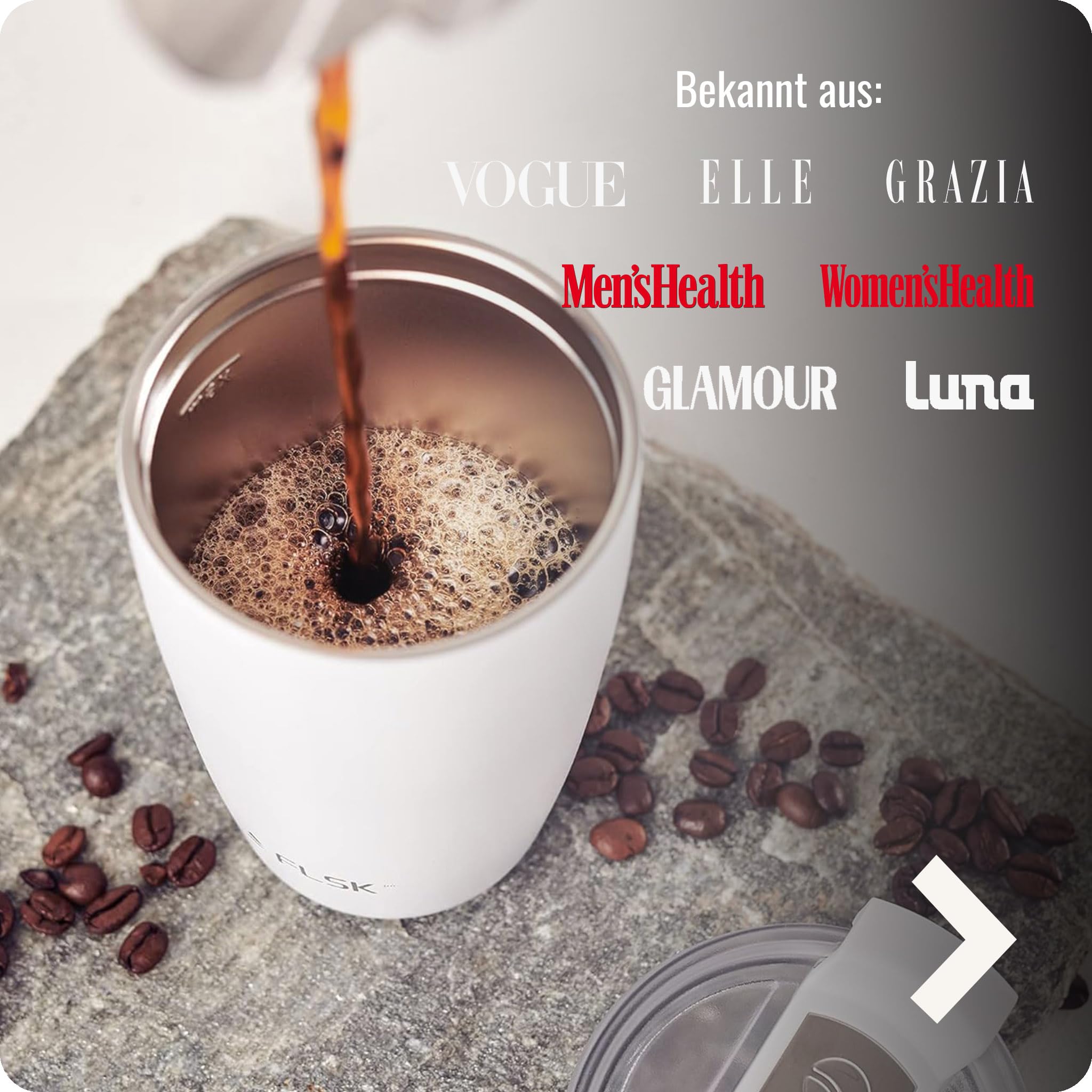 FLSK Next Gen Essentials Cup To Go - Vaso reutilizable de acero inoxidable (350 ml, 500 ml) - 3 h caliente y 3 h frío, a prueba de fugas, apto para lavavajillas, incluye embalaje sin árboles
