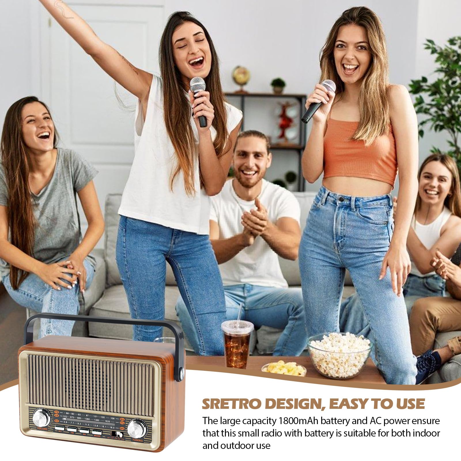 Radio rétro avec Bluetooth, petite radio de valise nostalgie avec AM/FM/SW3, USB/TF/AUX, rechargeable, radio de cuisine, radio vintage pour cuisine, bureau, extérieur
