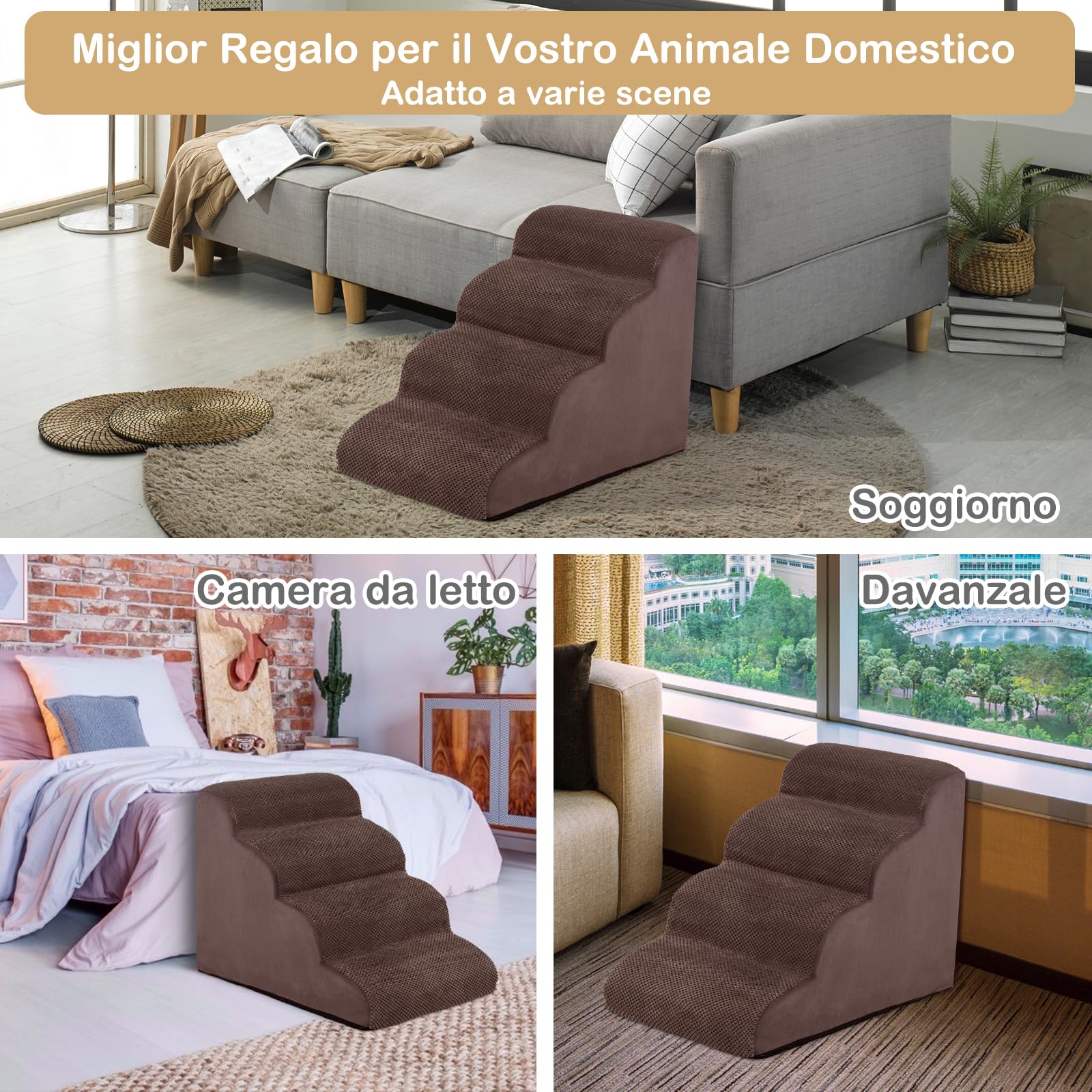 GYMAX Scaletta per Cani in Spugna, Fondo Antiscivolo, Rivestimento Rimovibile e Lavabile, Scala per Animali Domestici per Divano e Letto (4 Gradini - Caffè)