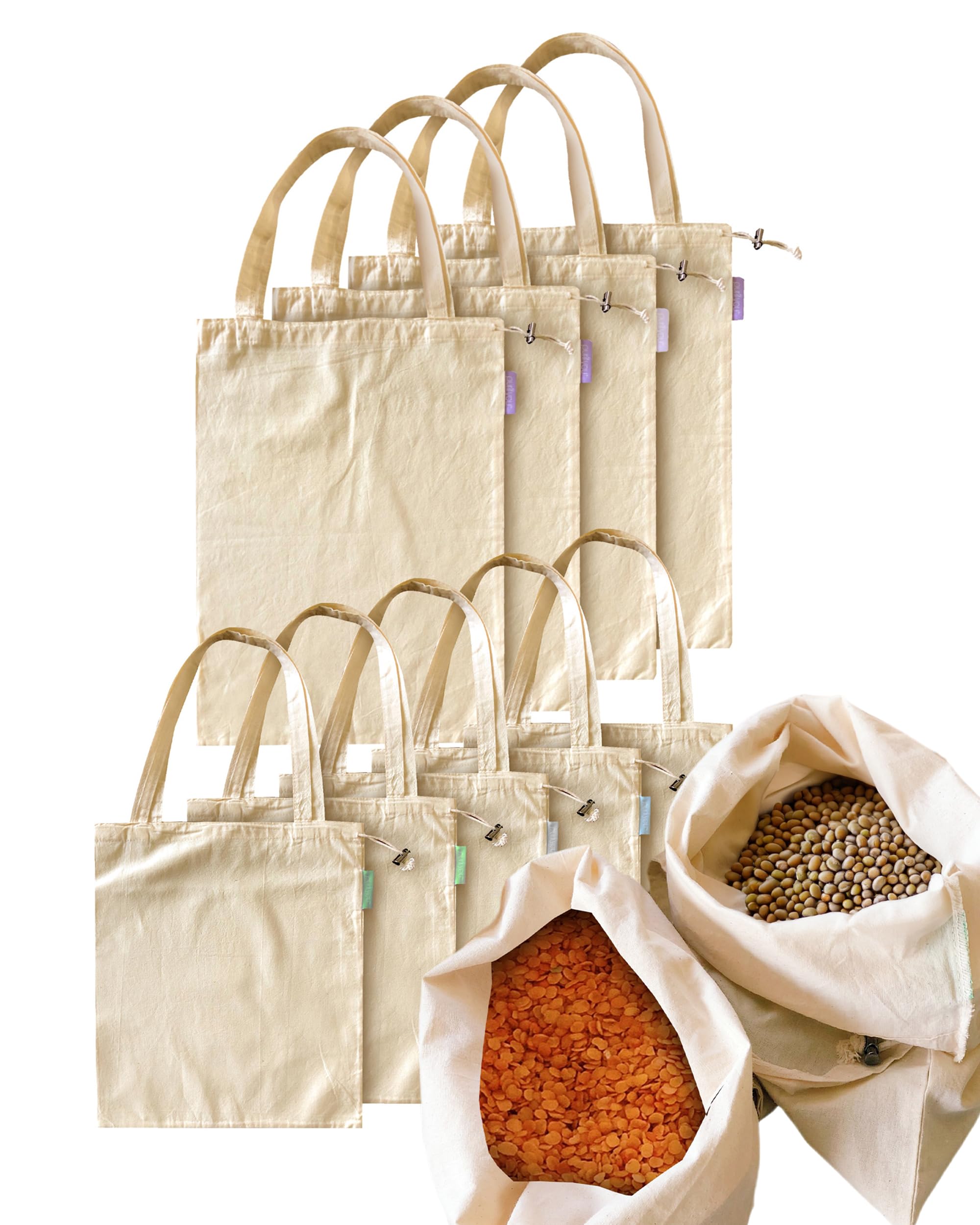 purifyou Set of 9 Mini Tote Bags with Drawstring, Reusable Organic Cotton Canvas Bags for Grocery Shopping, Dry Goods, Beach Essentials, Storage, and
