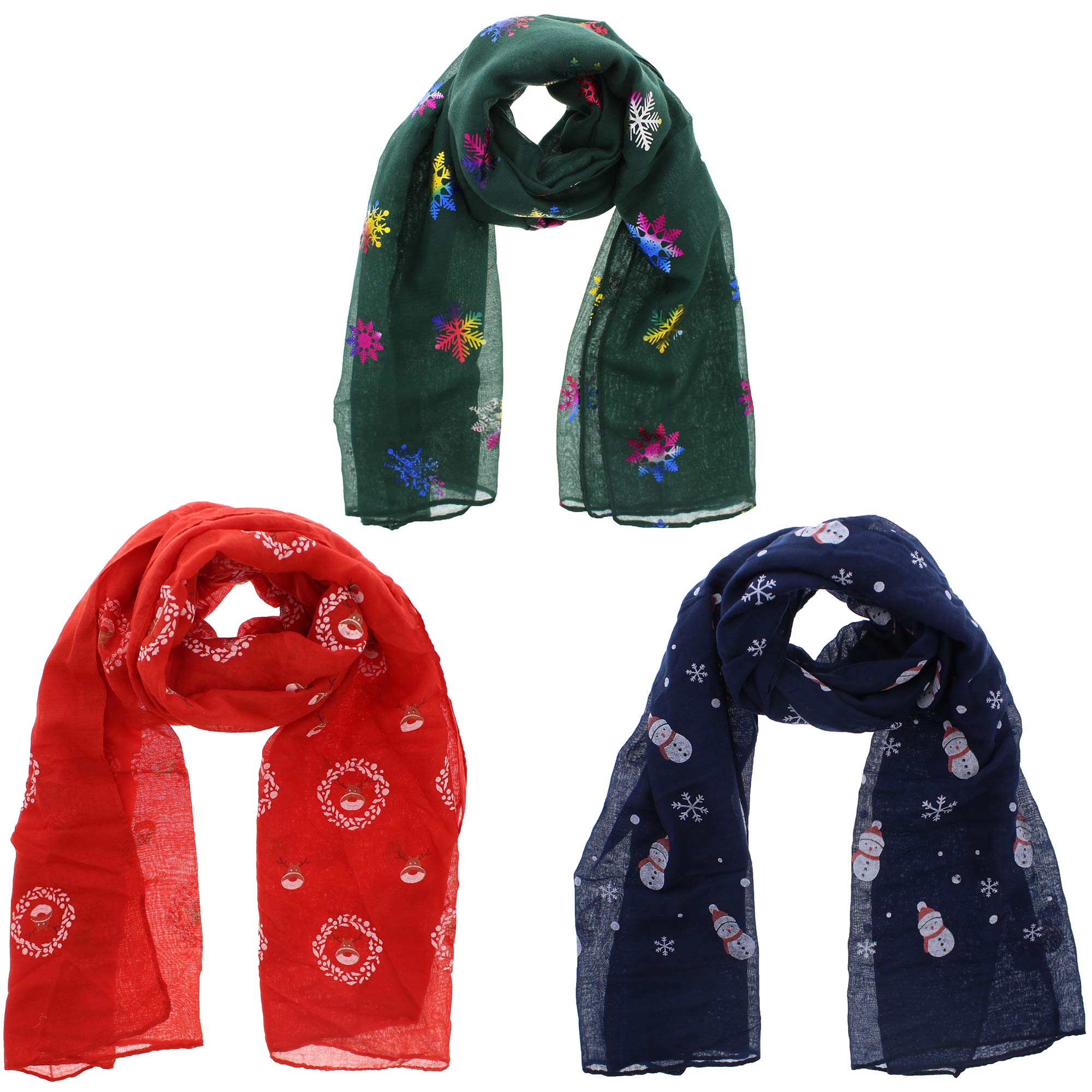 Zac's Alter Ego Women's Multicoloured Set Of 3 Lightweight Assorted Colour Christmas Rainbow Foil Snowflakes/Snowmen & Reindeer Festive Print Scarves
