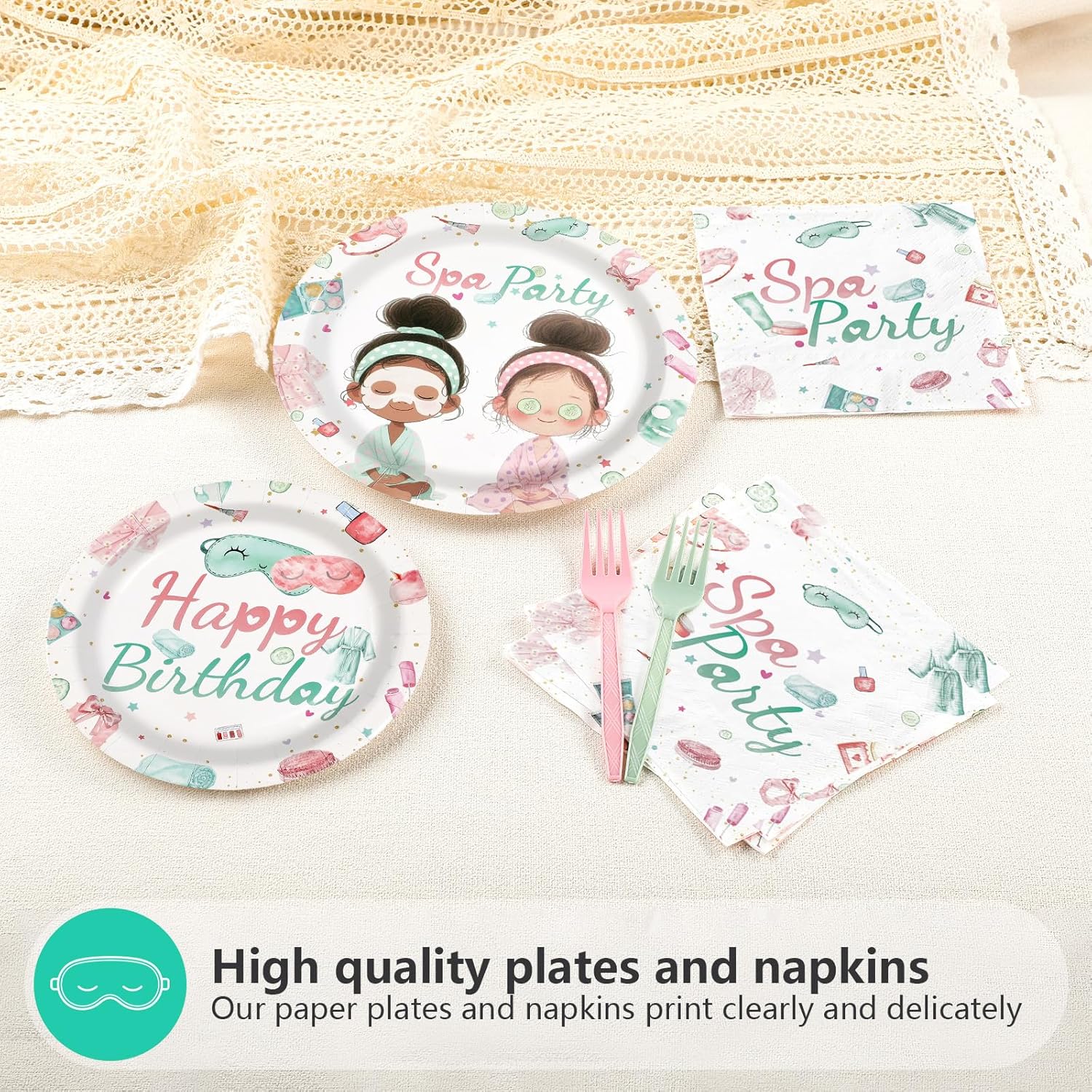 96Pcs Spa Birthday Party Supplies Slumber Sleepover Pajama Plates and Napkins Tableware Sets Pink Makeup Happy Birthday Dessert Plates Decorations Favors for Girls Baby Shower Holiday Party Serves 24 - Image 3