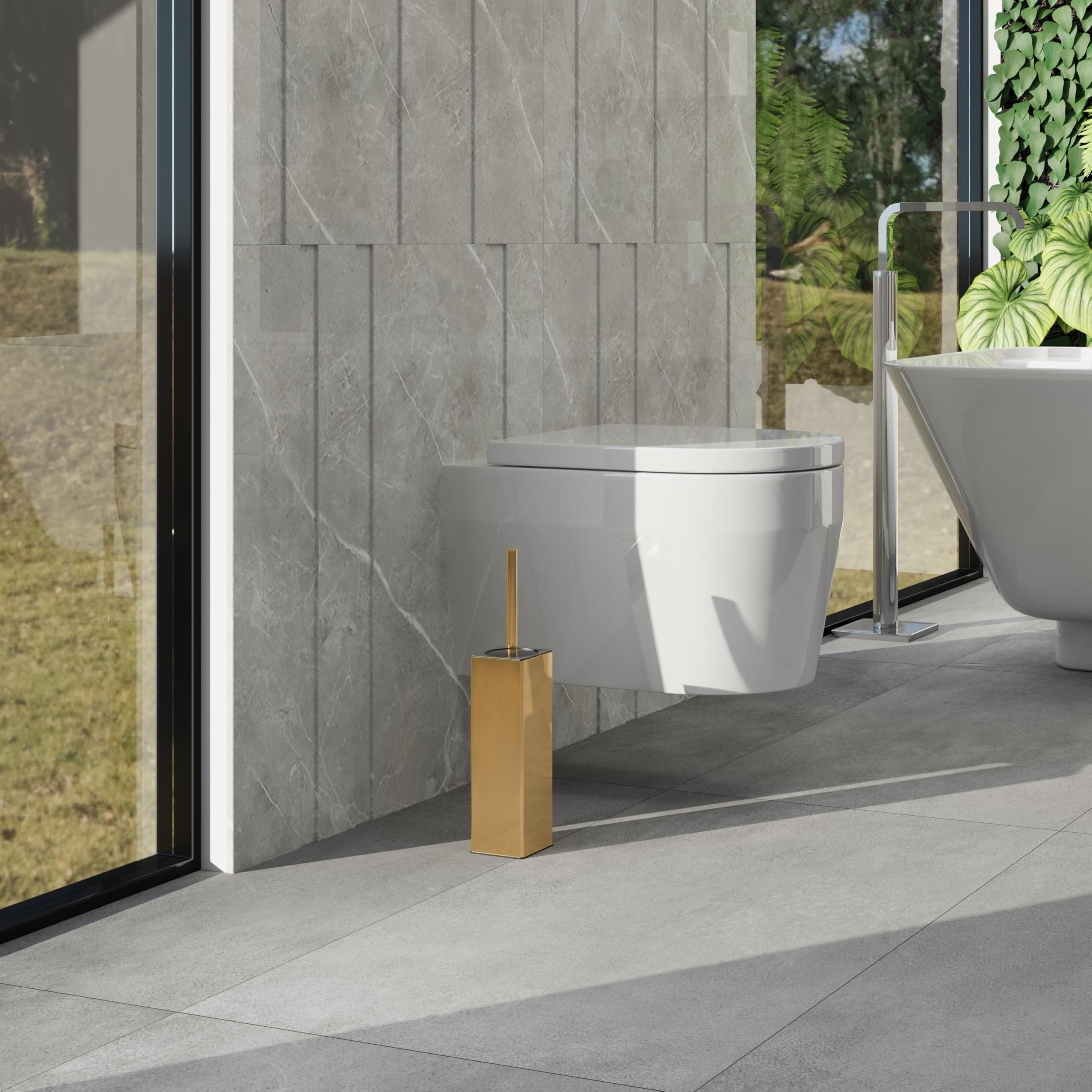 BGL Escobilla de inodoro cuadrada con soporte, cepillo de inodoro pintado de goma de acero inoxidable y soporte para baño, 2 cabezales de cepillo limpiador, dorado