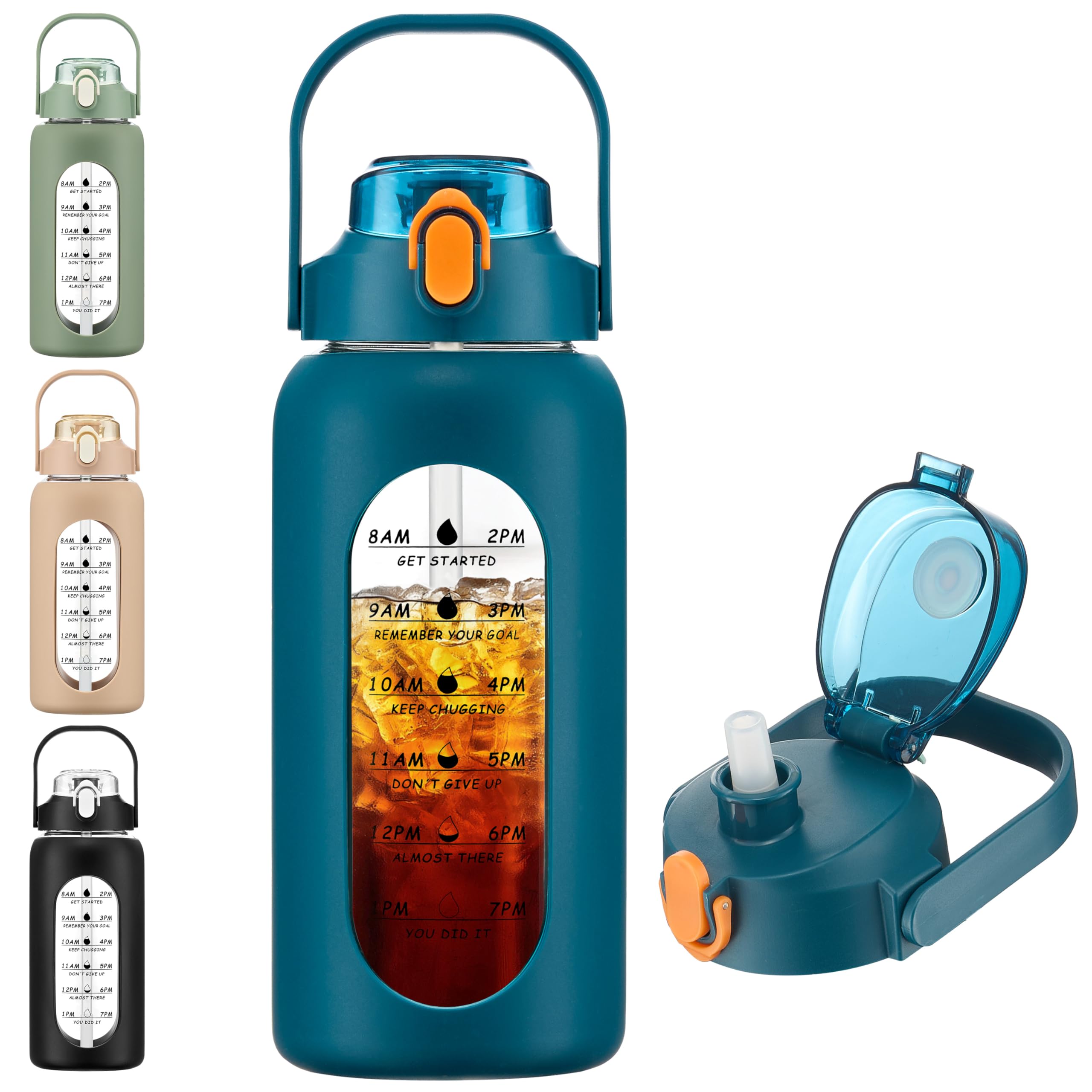 LIMILI 1 Pack 2000ml Glass Water Bottle with Handle and Straw, Leakproof Motivational Water Bottle with Silicone Sleeve and Time Marking for Gym Sports Outdoor