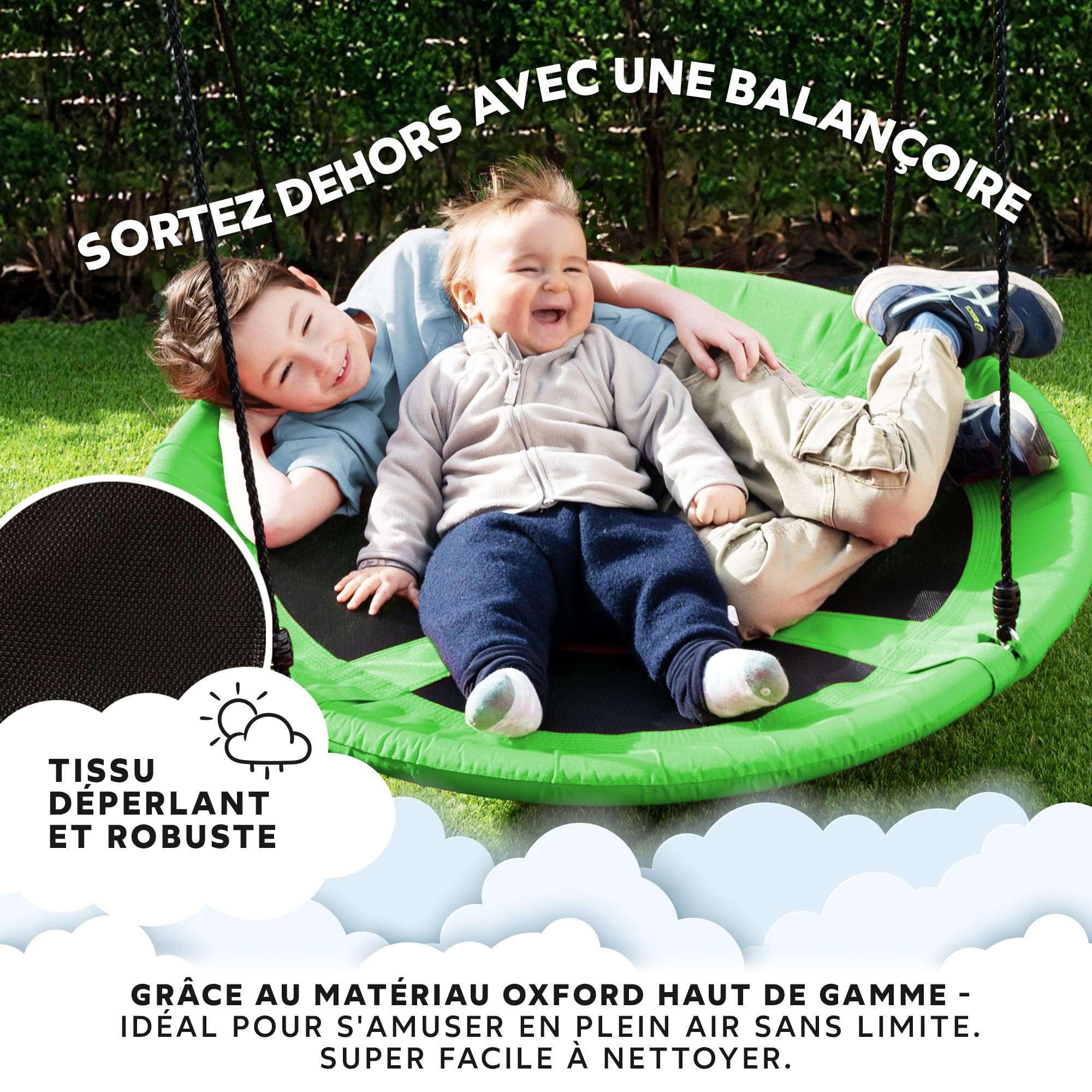 GO!elements Balancoire nid d'oiseau | balancoire nid d Oiseaux Exterieur | Réglable en Hauteur pour Enfants & Adultes (balançoire familiale) jusqu'à 150 kg de capacité | Taille : ø 80 cm, Coul: Vert