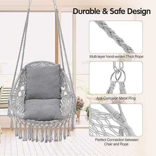 Miniatura 3 de Homgava Silla hamaca colgante con cuerda, silla colgante de máximo 330 libras, 2 cojines incluidos, silla columpio de macramé para dormitorio,
