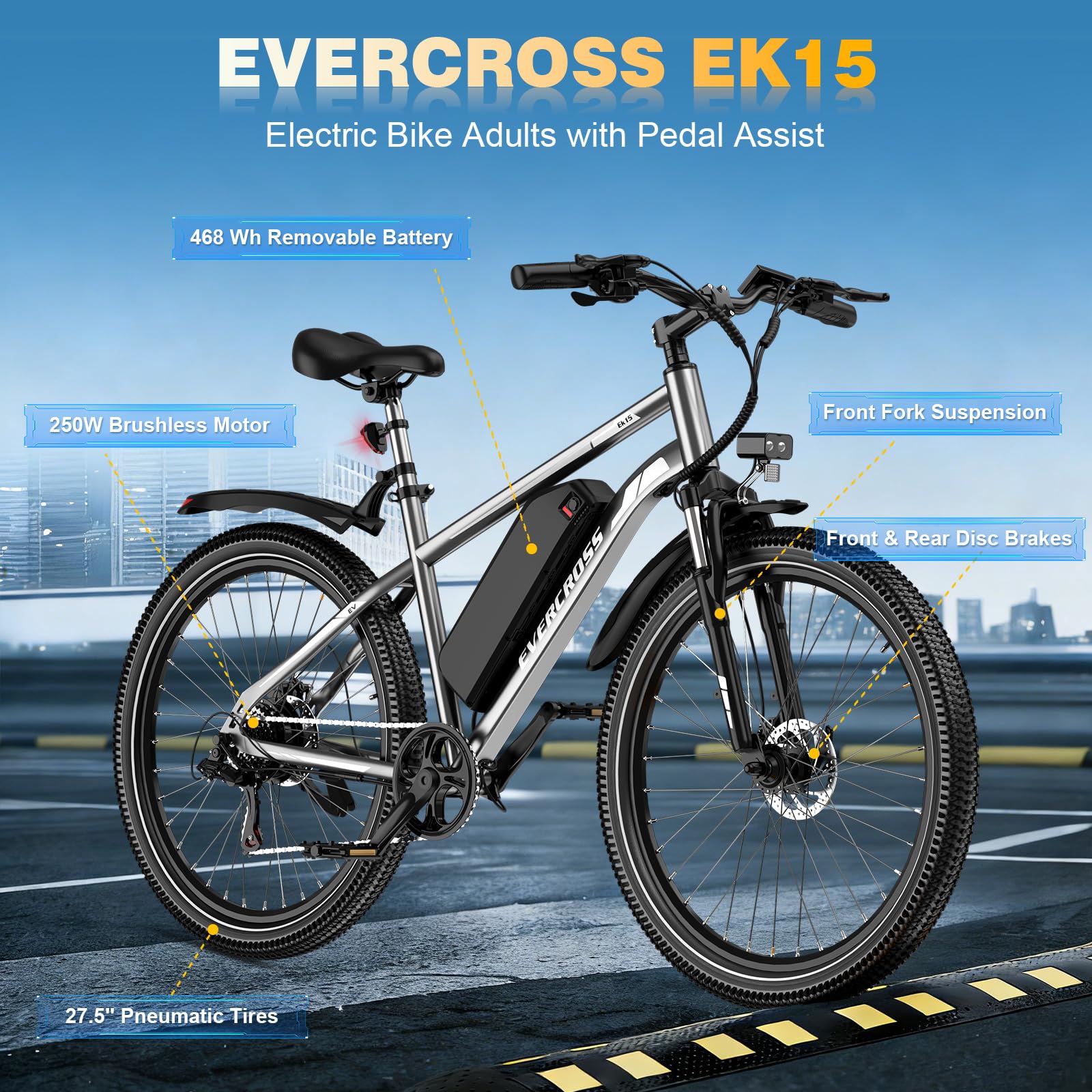 EVERCROSS EK15 E-Bike für Erwachsene, 27,5'' Elektrofahrräder - App, 250W Motor, 36V 13Ah Akku, 15/20/25 KM/H, 7 Gang Getriebe, urbanes Elektrofahrrad Mountainbike für Unisex