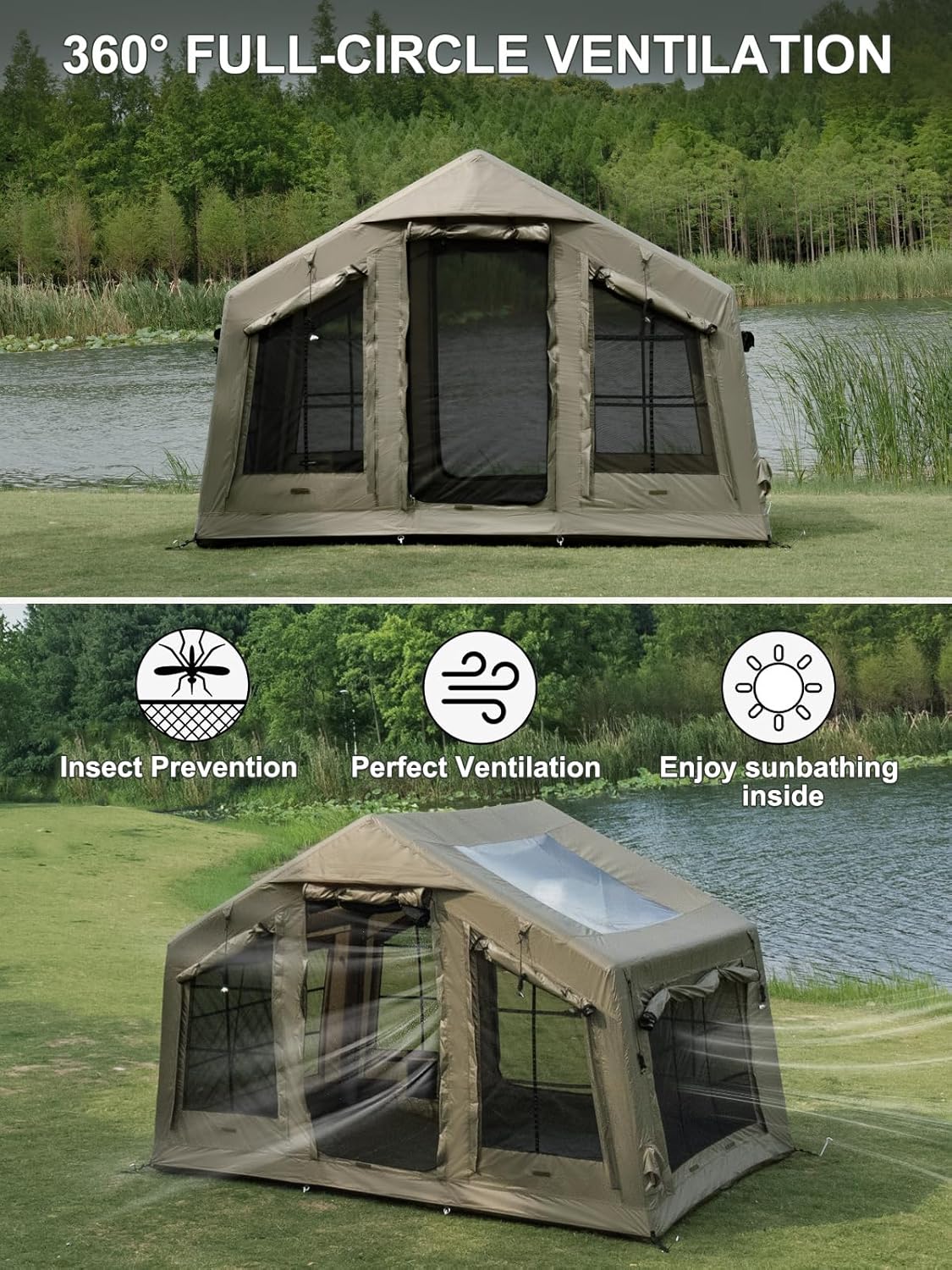 TOMOUNT Inflatable Tent for Camping 3-5 Person Large Inflatable Cabin Tent with Skylight Hand Pump Stove Jack Air Tent Blow Up House for Luxury Family Camping