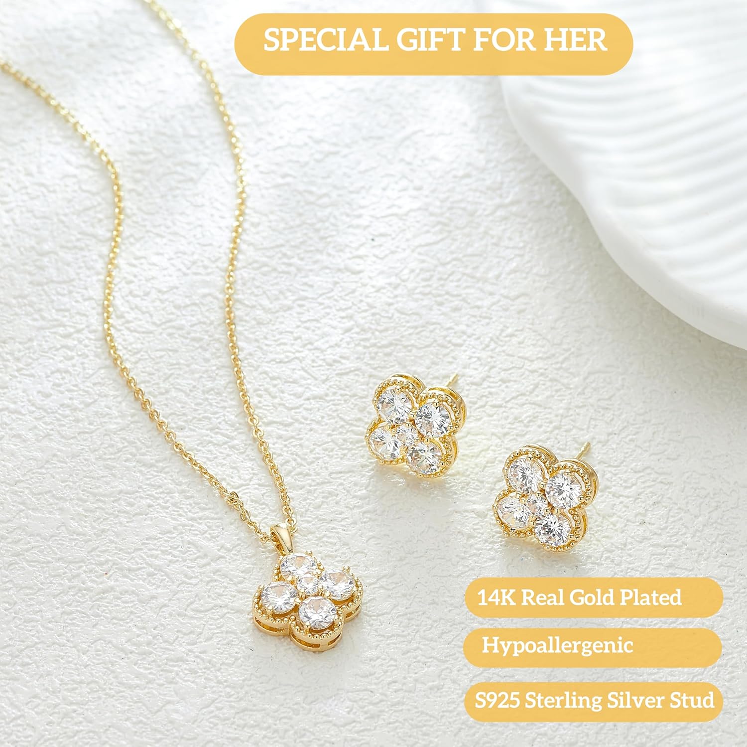 Clover Necklace and Stud Earrings Jewelry Set 14K Gold Plated Dainty Four Leaf Lucky Choker Charm Necklace Clover S925 Sterling Silver Stud with Gift Box Birthday Gifts for Women